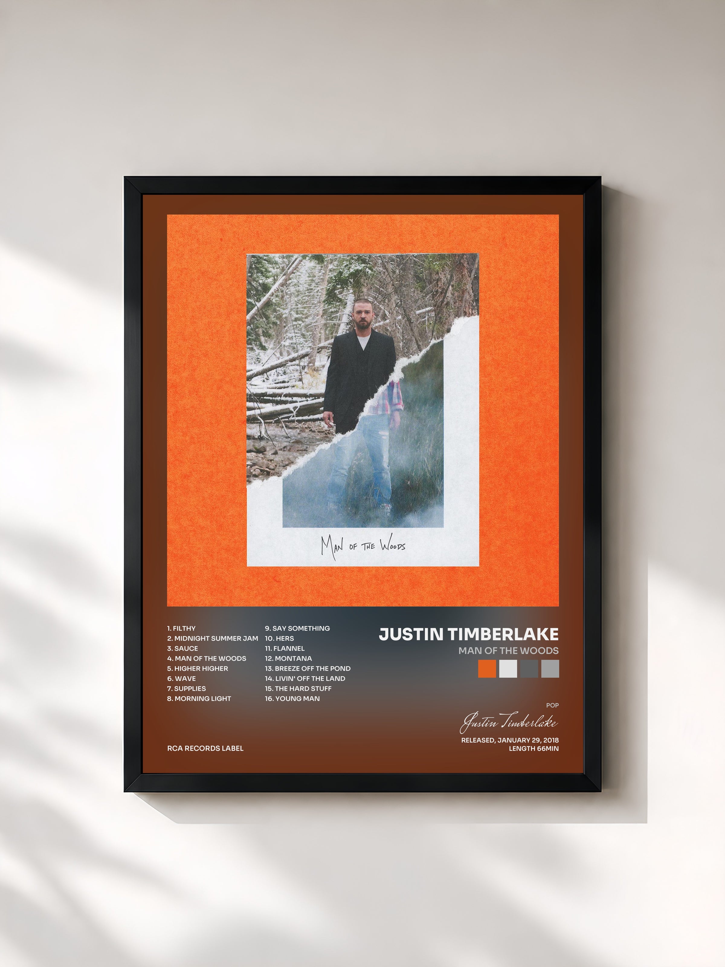 #noir Man of the Woods by Justin Timberlake as a framed art print, black frame, printed and framed in France