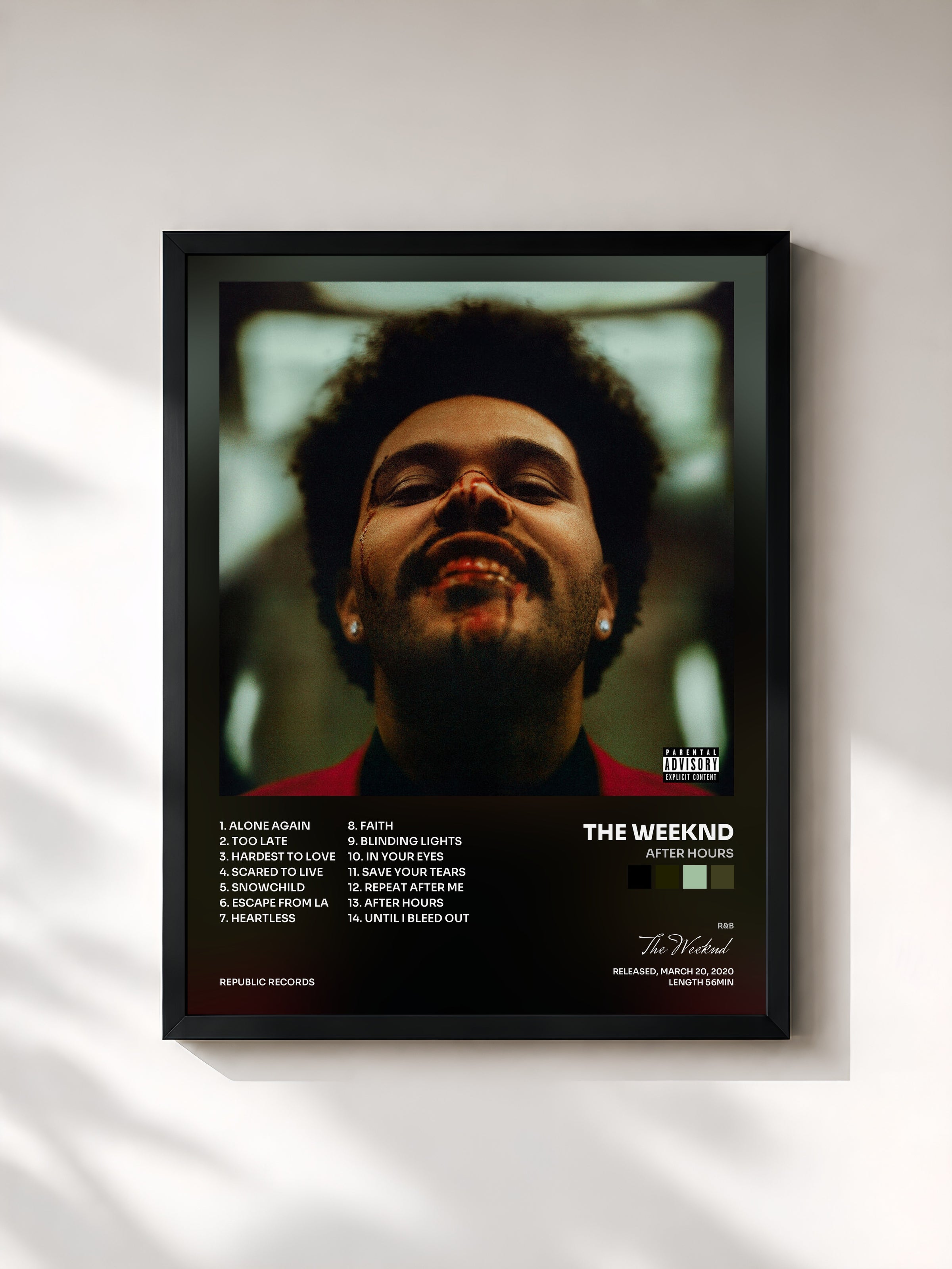 #noir Tableau de l'album After Hours de The Weeknd, cadre noir, imprimé et encadré en France