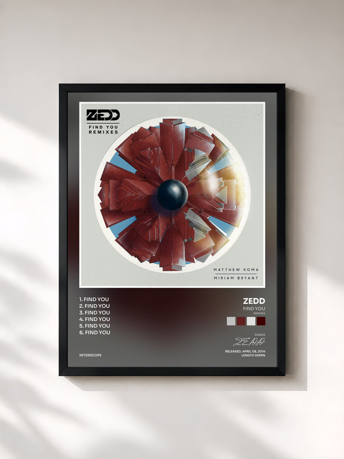 #noir Tableau de l'album Find You (Remixes) de ZEDD, cadre noir, imprimé et encadré en France