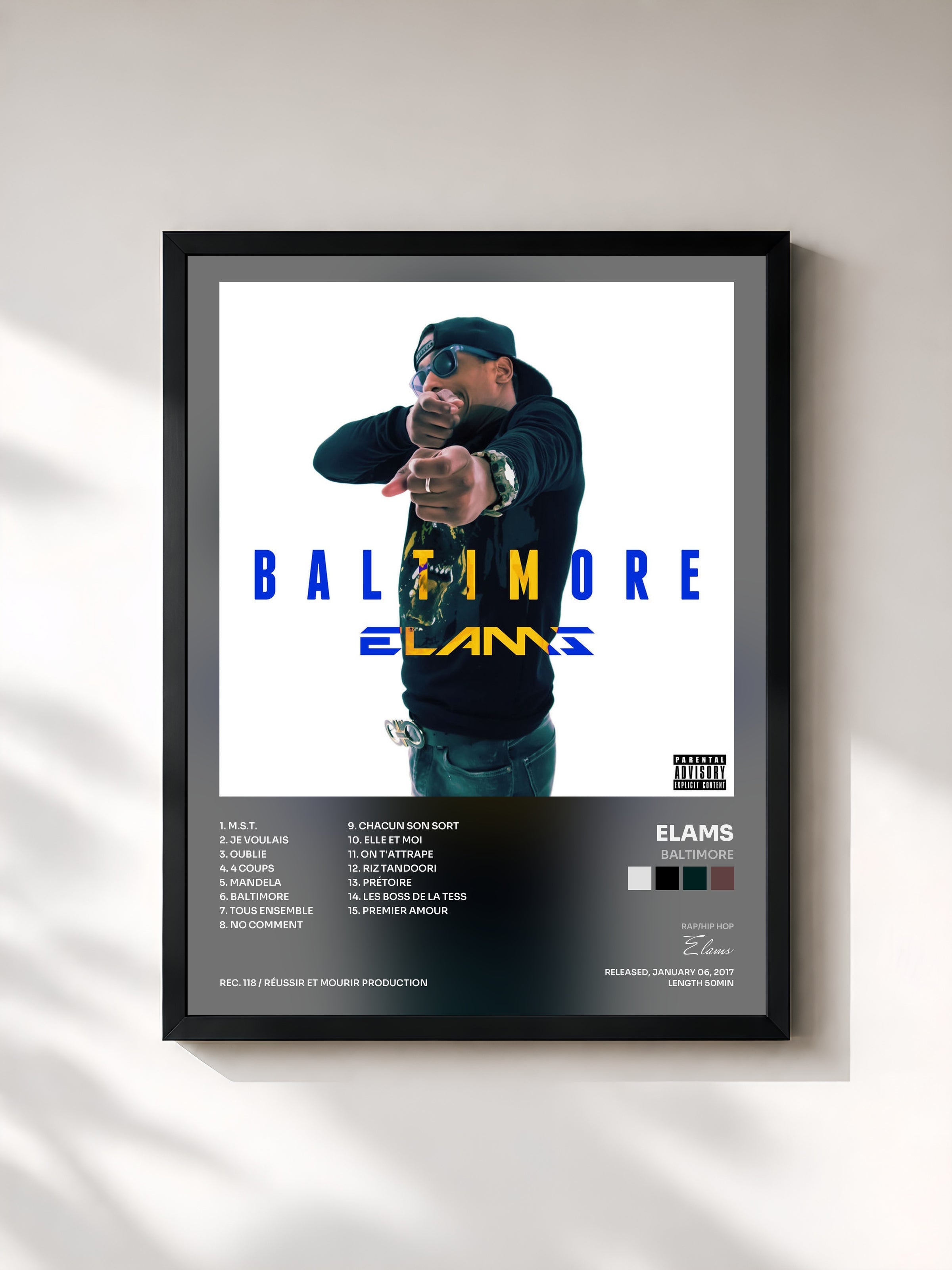 #noir Baltimore de Elams en lámina enmarcada, marco negro, impresa y enmarcada en Francia