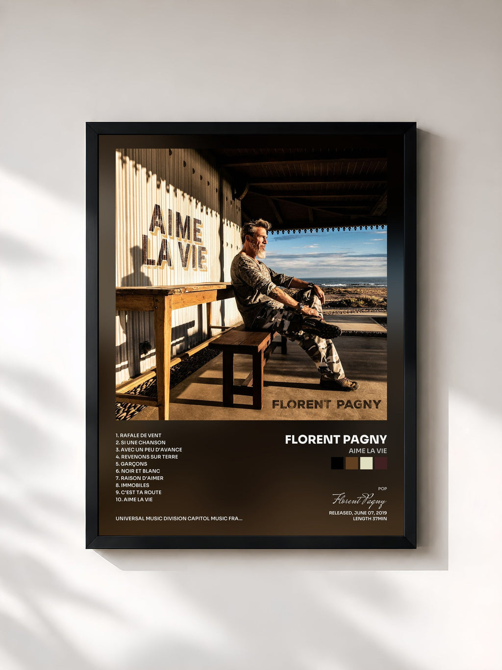 #noir Aime la vie by Florent Pagny as a framed art print, black frame, printed and framed in France