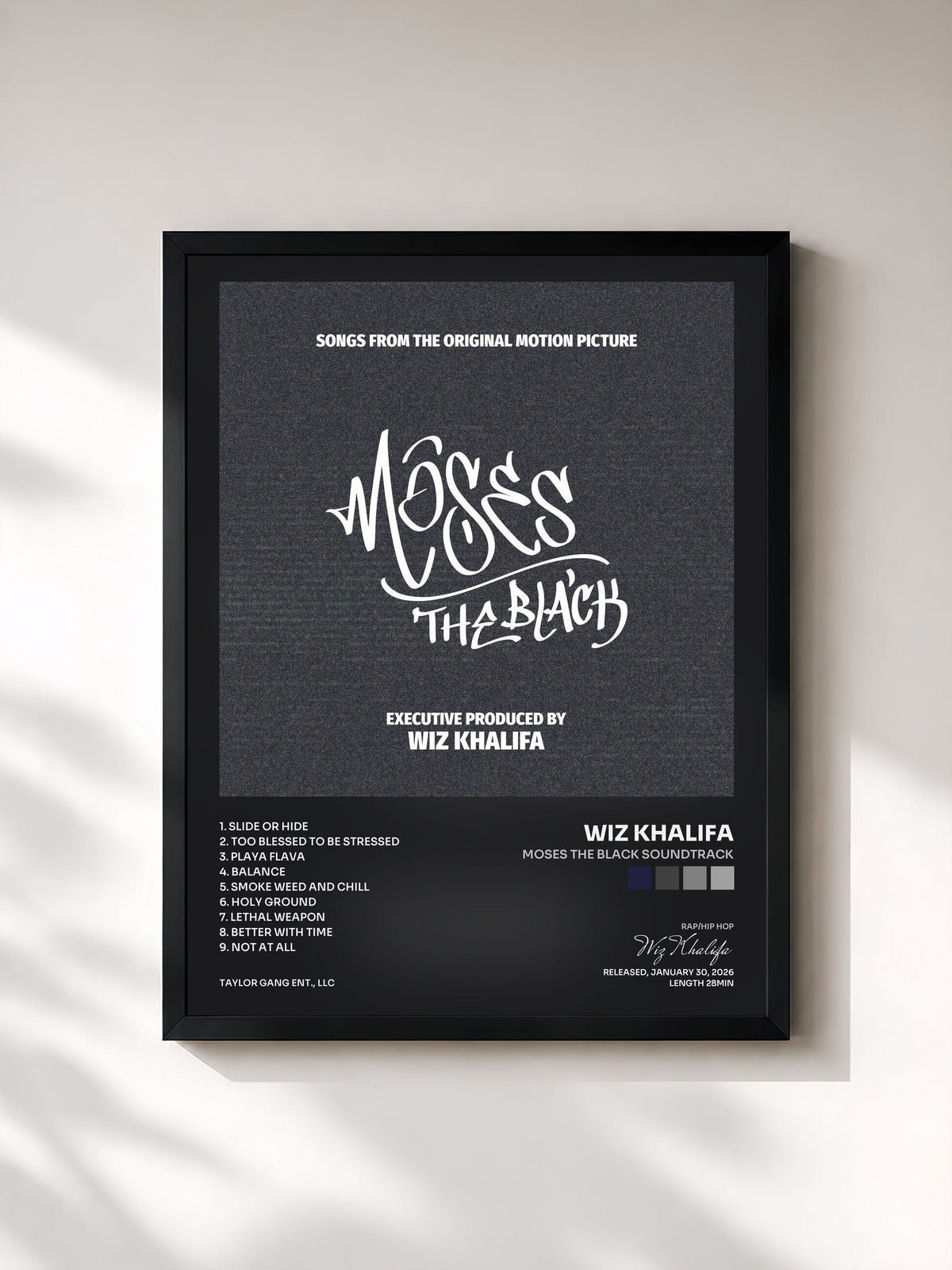 #noir Tableau de l'album Moses the Black Soundtrack de Wiz Khalifa, cadre noir, imprimé et encadré en France