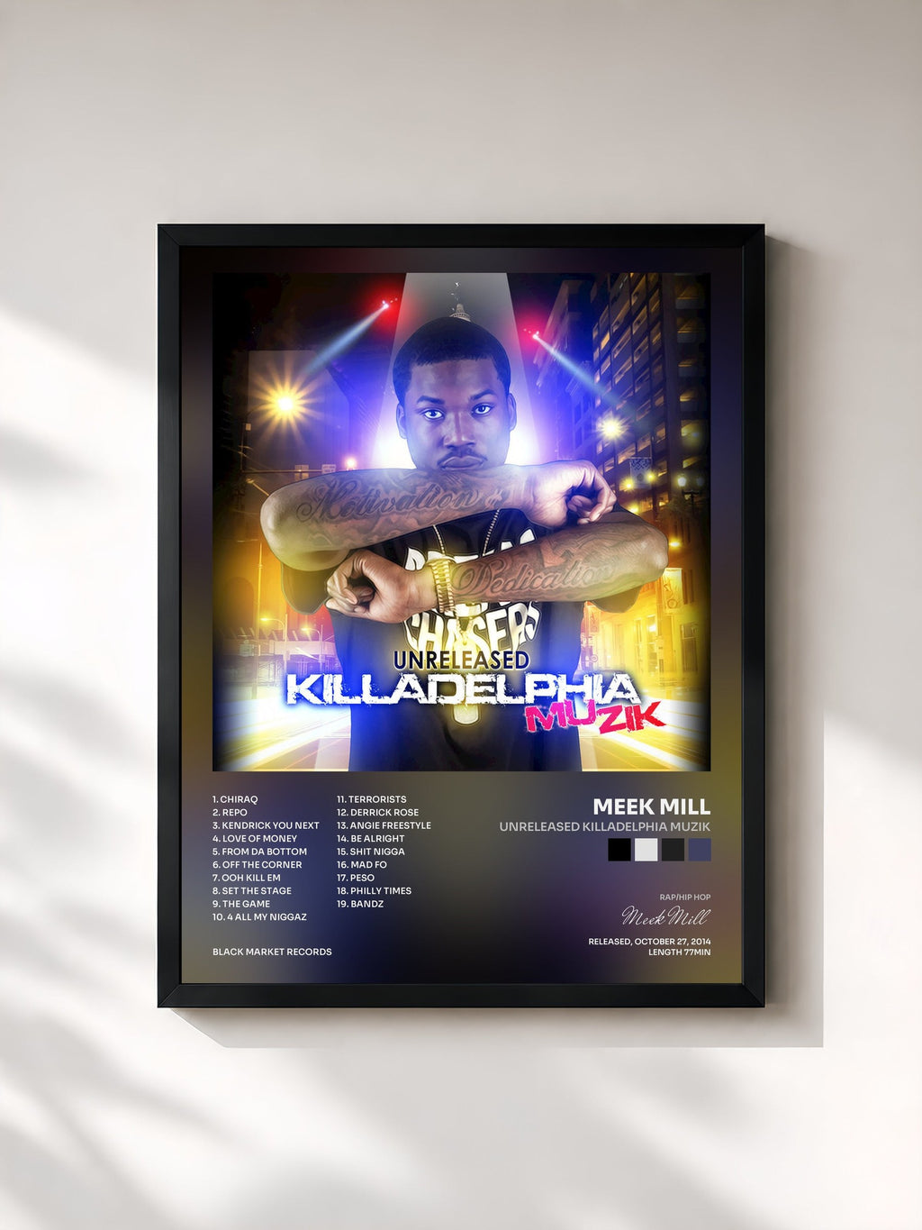 #noir Tableau de l'album Unreleased Killadelphia Muzik de Meek Mill, cadre noir, imprimé et encadré en France