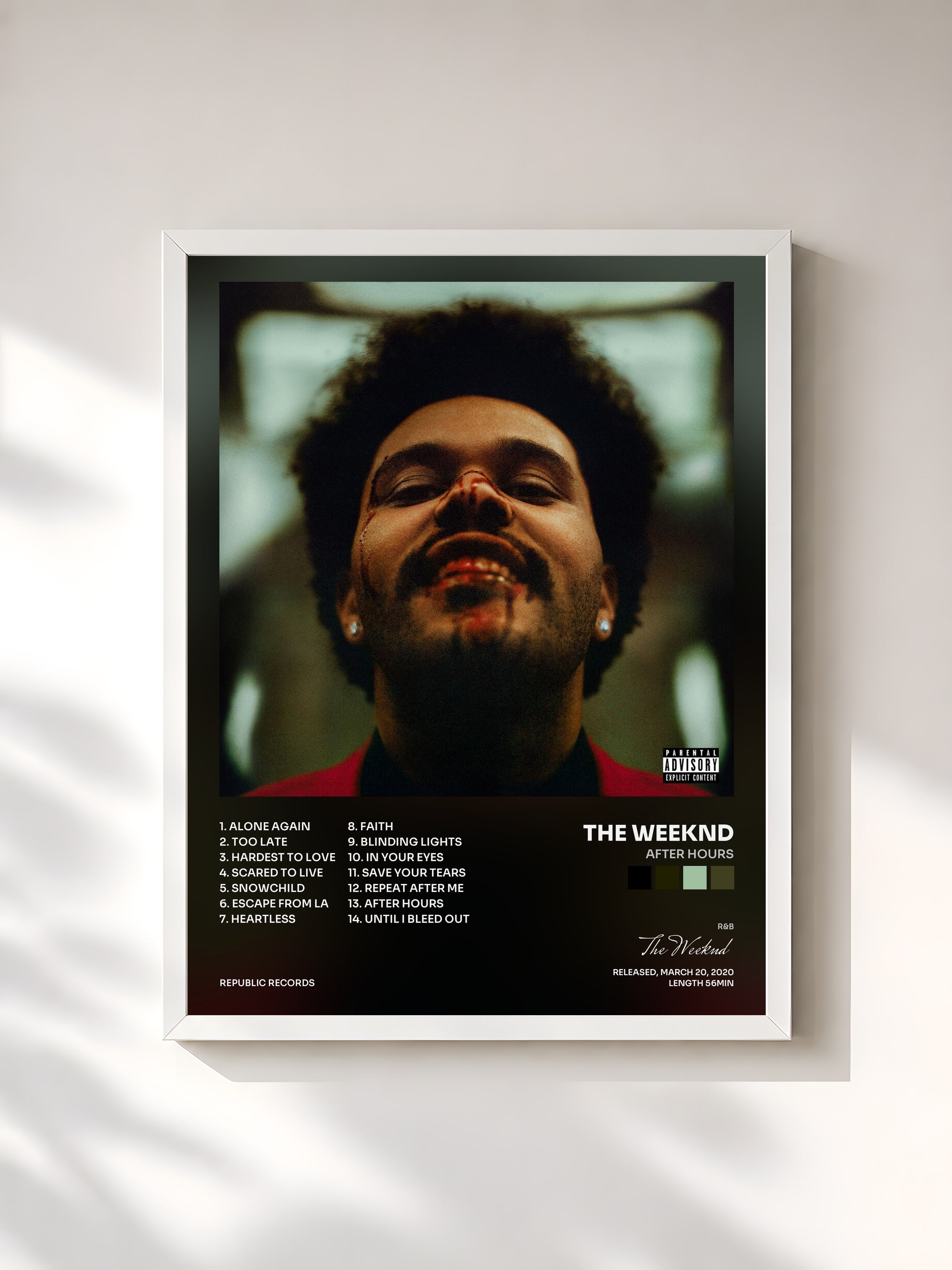 #blanc Tableau de l'album After Hours de The Weeknd, cadre blanc, imprimé et encadré en France