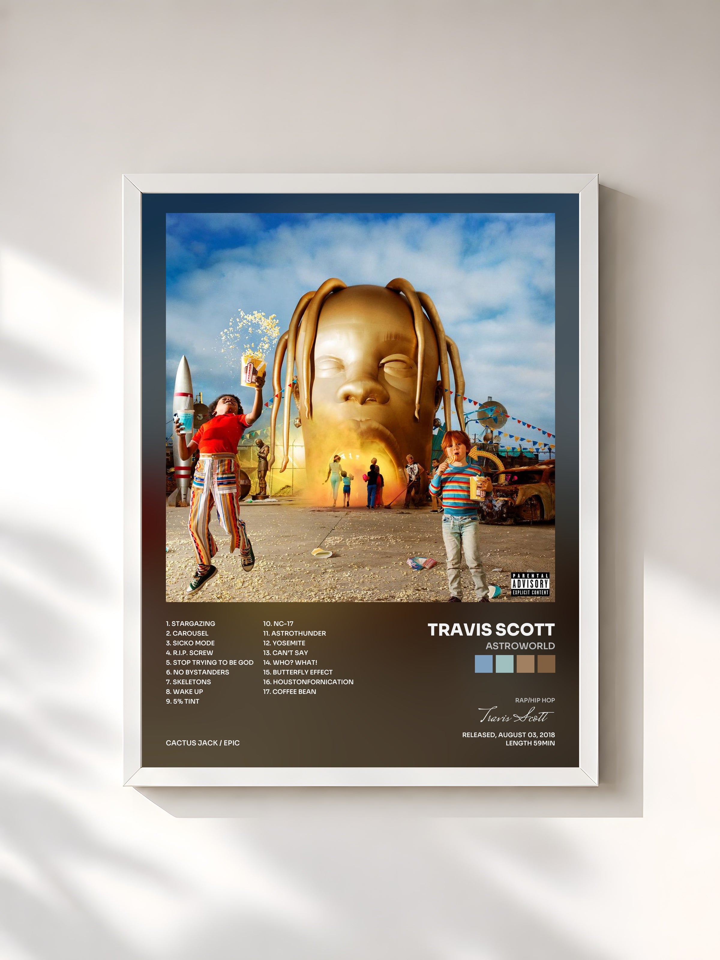 #blanc Tableau de l'album ASTROWORLD de Travis Scott, cadre blanc, imprimé et encadré en France