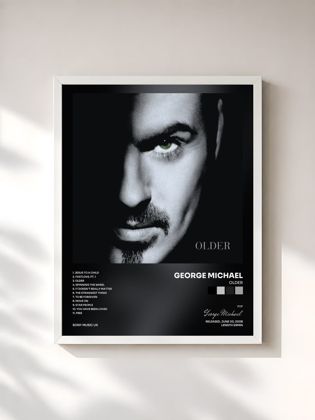 #blanc Tableau de l'album Older de George Michael, cadre blanc, imprimé et encadré en France