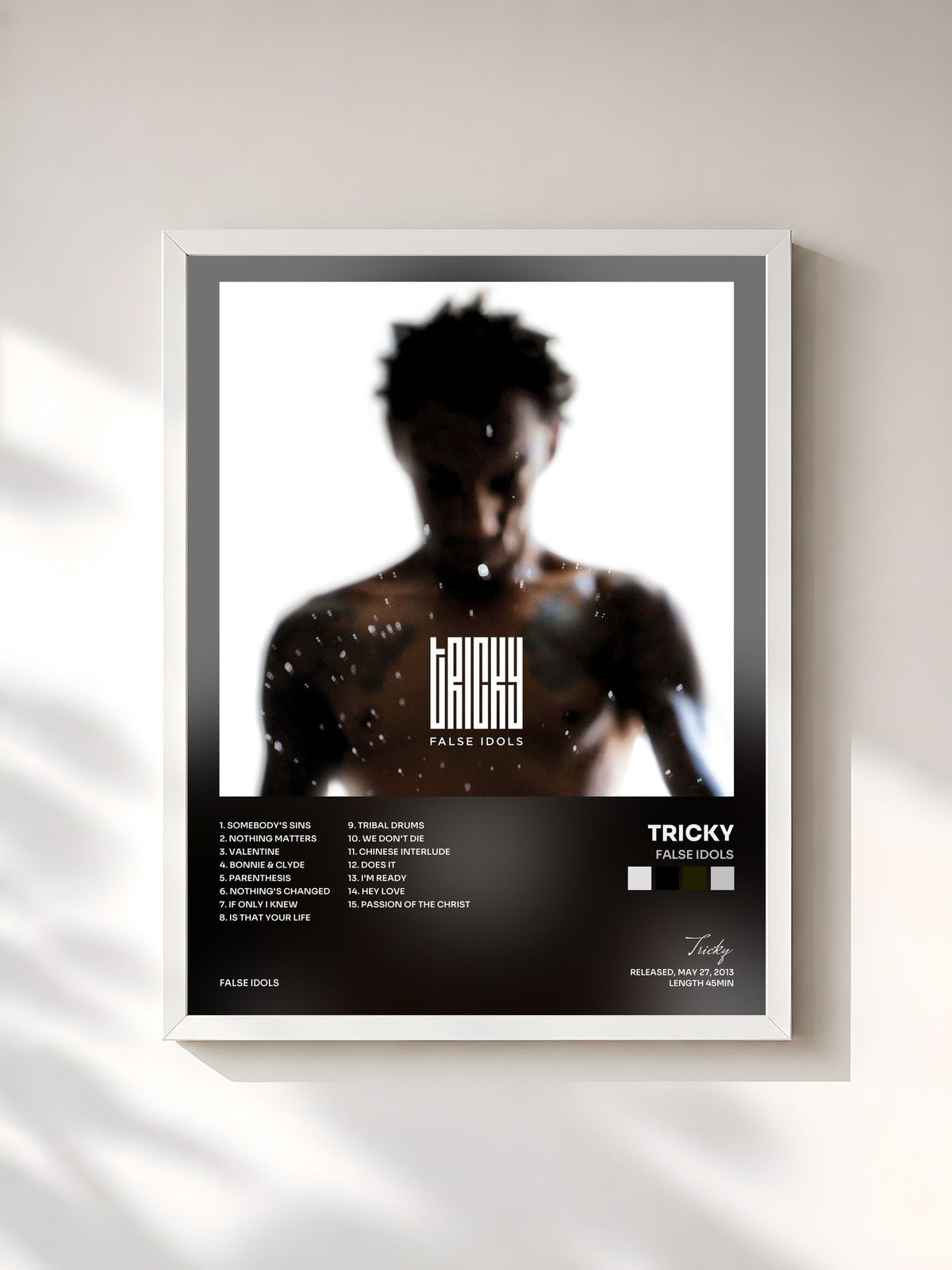 #blanc Tableau de l'album False Idols de Tricky, cadre blanc, imprimé et encadré en France