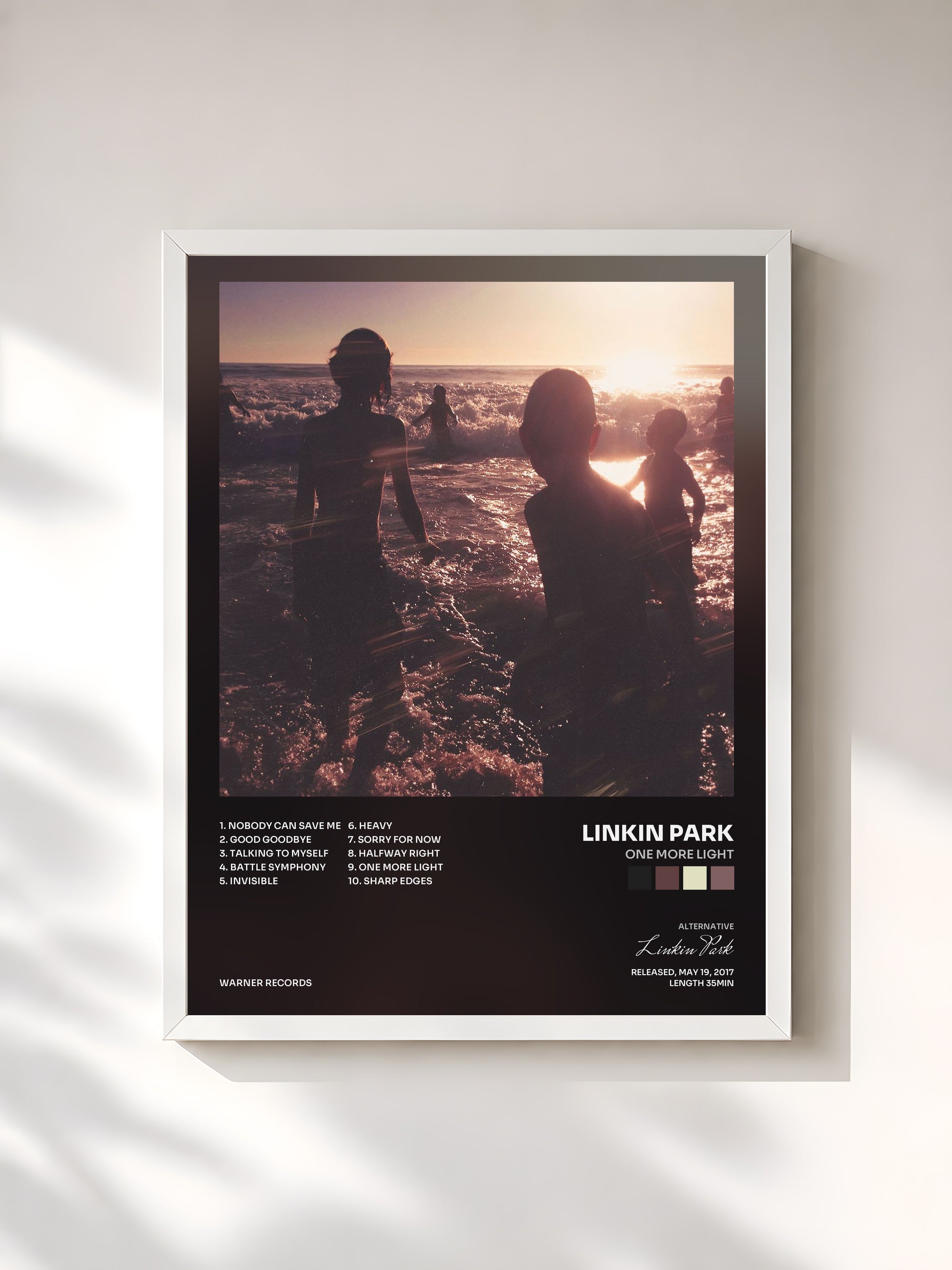 #blanc Tableau de l'album One More Light de Linkin Park, cadre blanc, imprimé et encadré en France