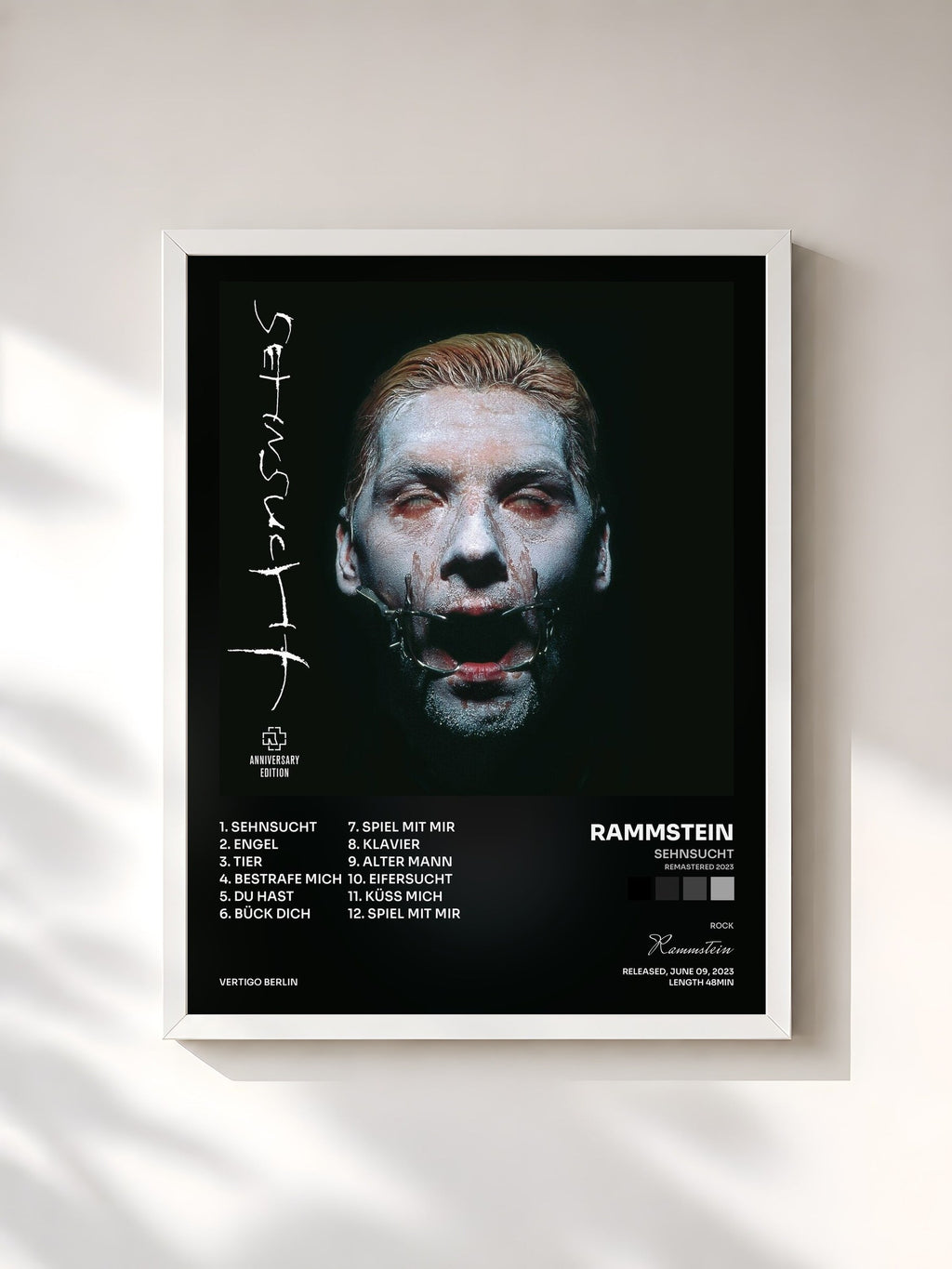 #blanc Tableau de l'album Sehnsucht (Remastered 2023) de Rammstein, cadre blanc, imprimé et encadré en France