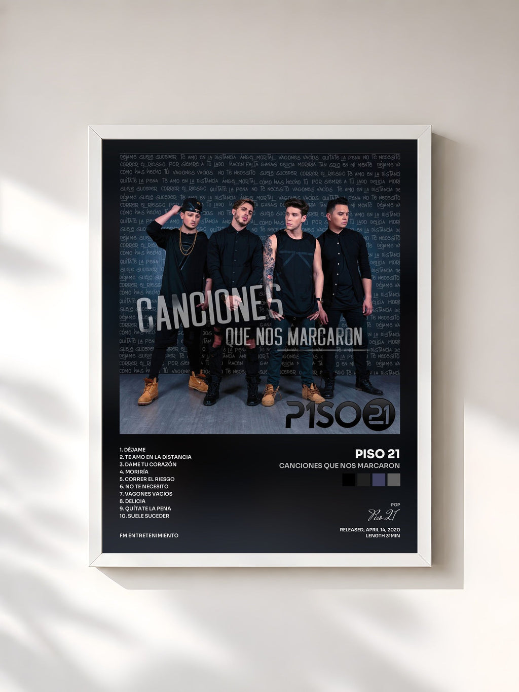 #blanc Tableau de l'album Canciones Que Nos Marcaron de Piso 21, cadre blanc, imprimé et encadré en France