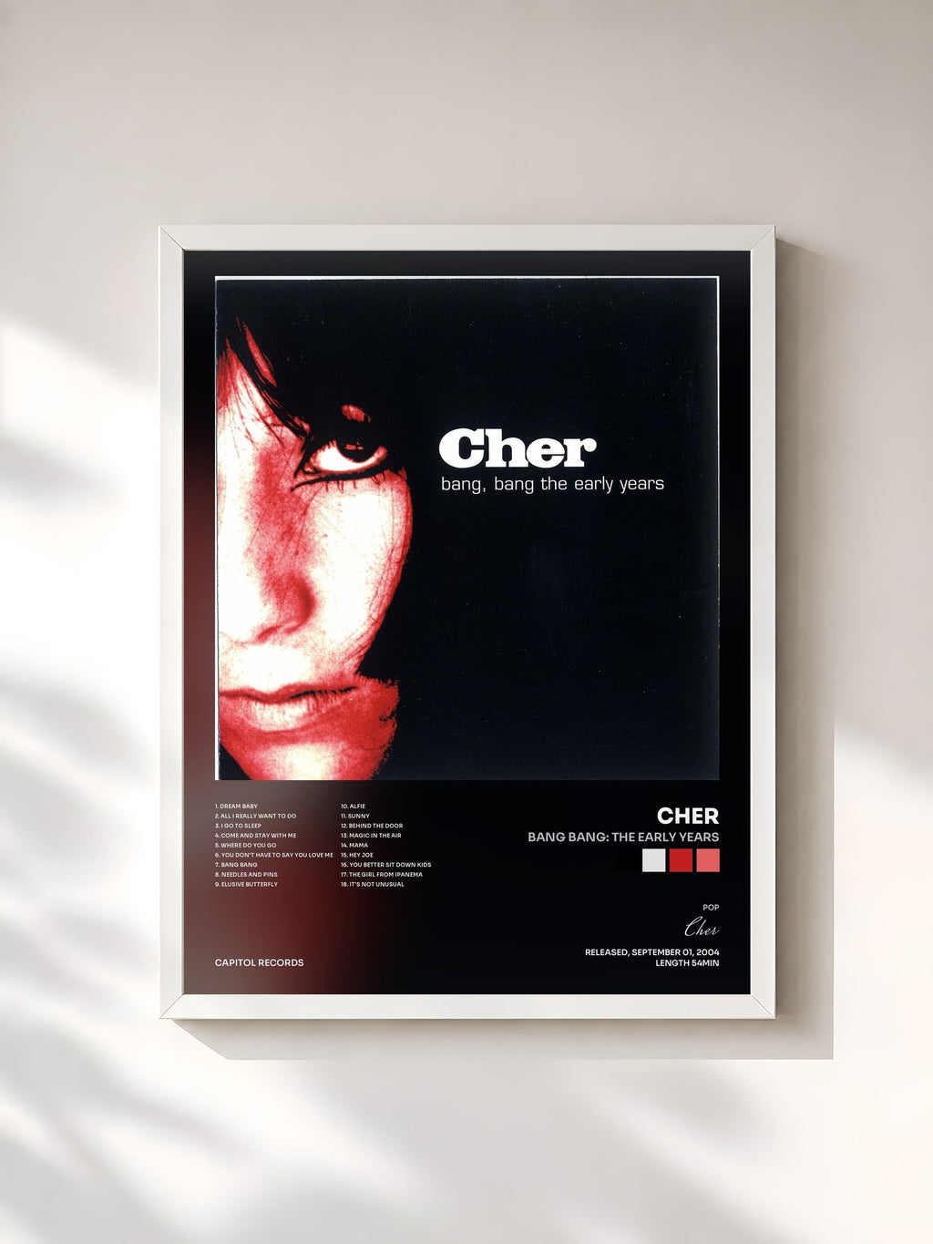 #blanc Bang Bang: The Early Years by Cher as a framed art print, white frame, printed and framed in France