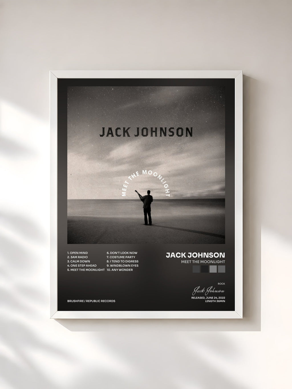 #blanc Meet The Moonlight by Jack Johnson as a framed art print, white frame, printed and framed in France