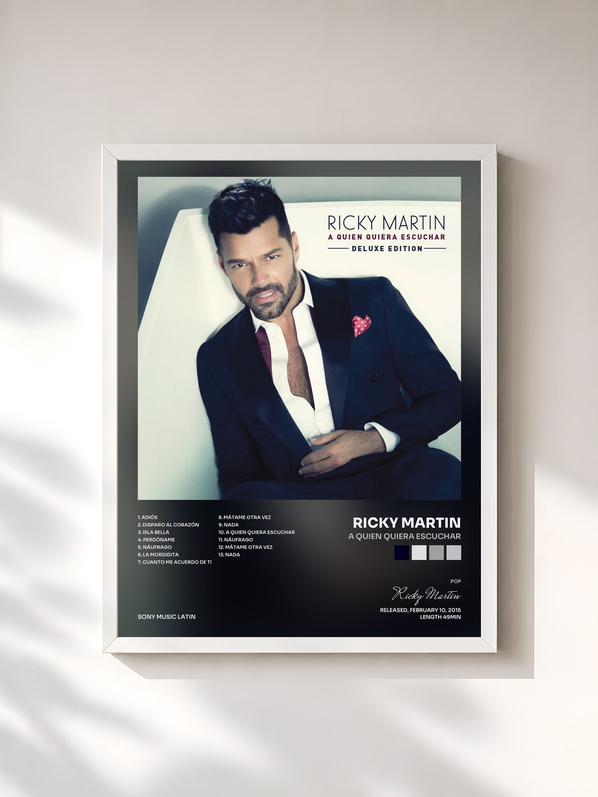 #blanc A Quien Quiera Escuchar by Ricky Martin as a framed art print, white frame, printed and framed in France