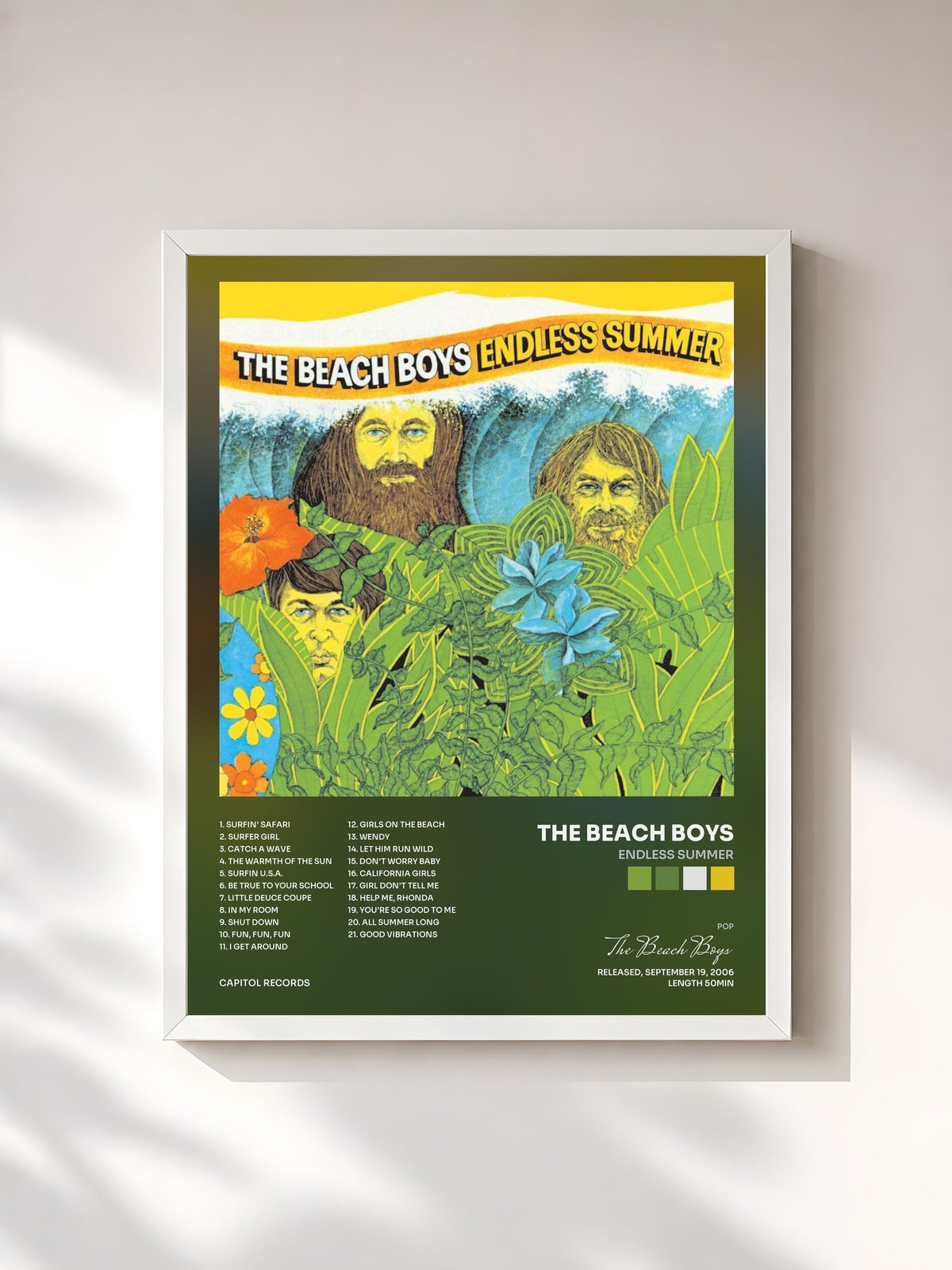 #blanc Tableau de l'album Endless Summer de The Beach Boys, cadre blanc, imprimé et encadré en France