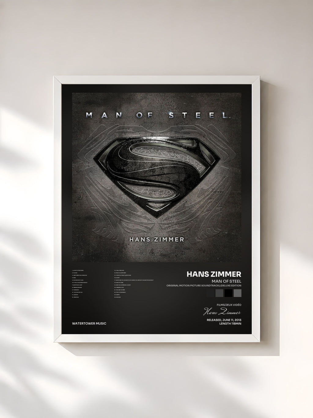 #blanc Tableau de l'album Man of Steel (Original Motion Picture Soundtrack) (Deluxe Edition) de Hans Zimmer, cadre blanc, imprimé et encadré en France