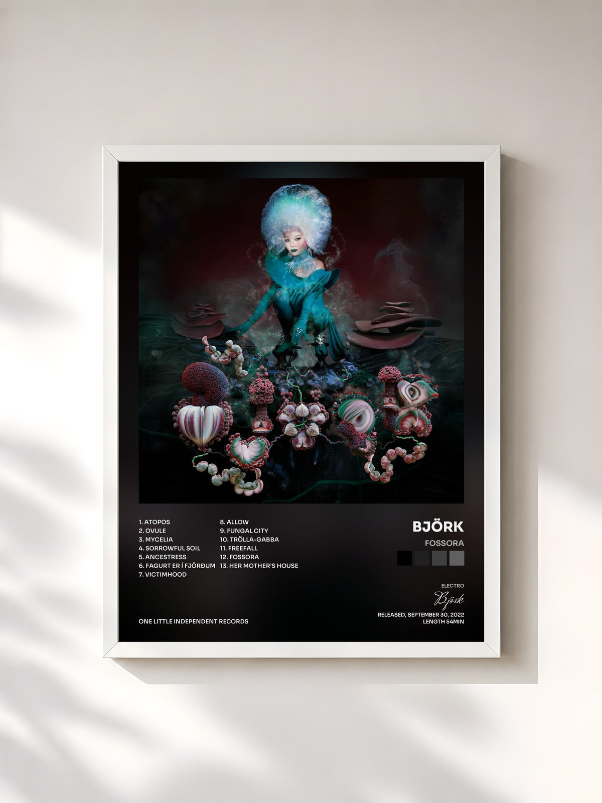 #blanc Tableau de l'album Fossora de Björk, cadre blanc, imprimé et encadré en France