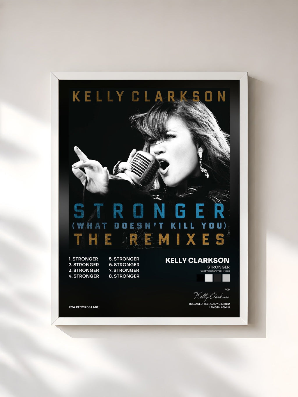 #blanc Stronger (What Doesn't Kill You) The Remixes de Kelly Clarkson en lámina enmarcada, marco blanco, impresa y enmarcada en Francia