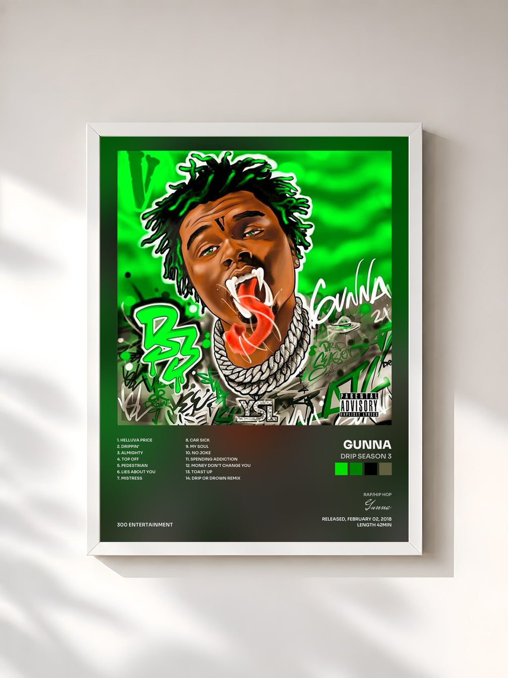 #blanc Tableau de l'album Drip Season 3 de Gunna, cadre blanc, imprimé et encadré en France