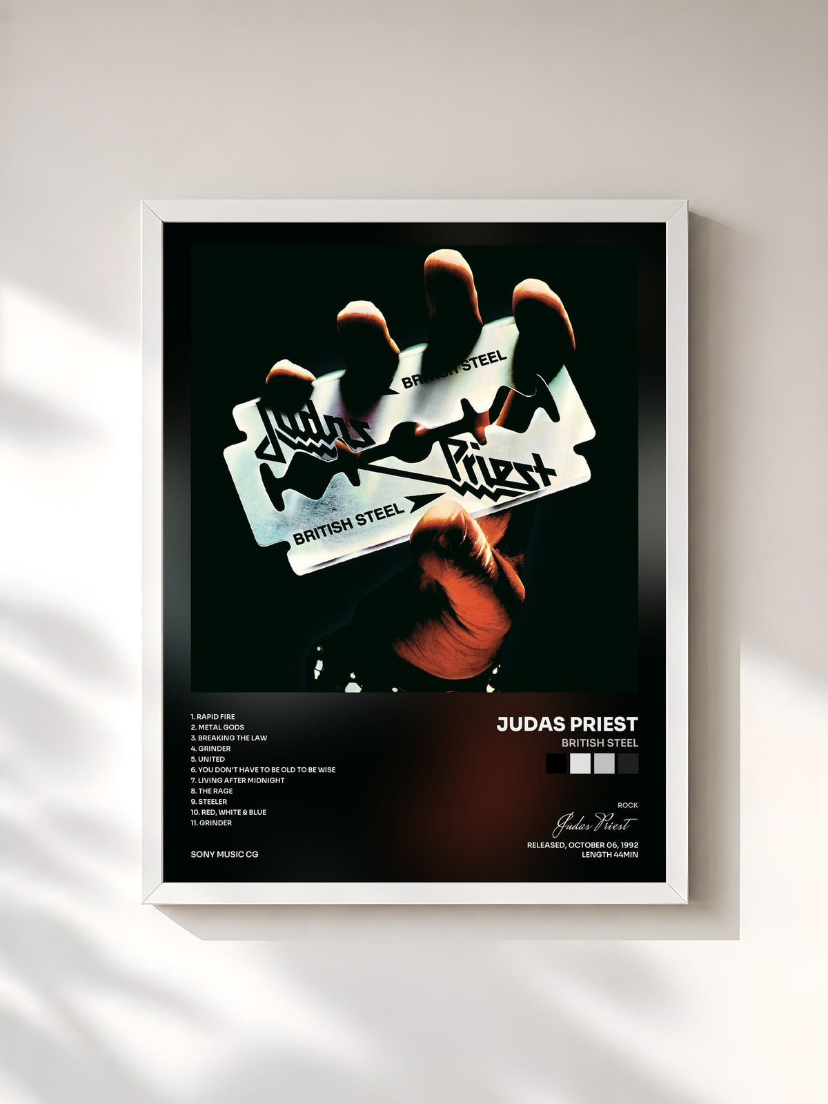 #blanc Tableau de l'album British Steel de Judas Priest, cadre blanc, imprimé et encadré en France