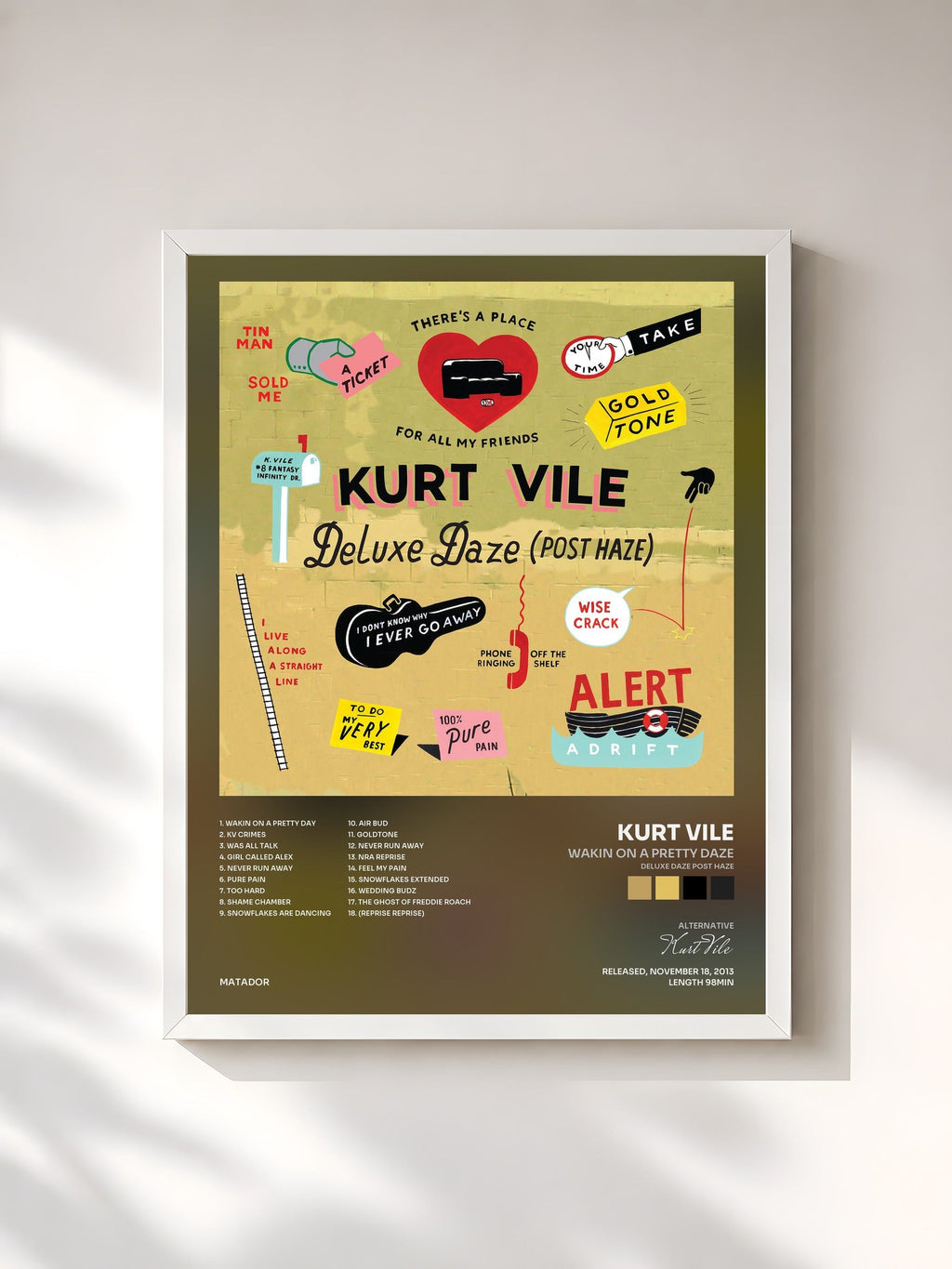 #blanc Tableau de l'album Wakin On A Pretty Daze (Deluxe Daze Post Haze) de Kurt Vile, cadre blanc, imprimé et encadré en France