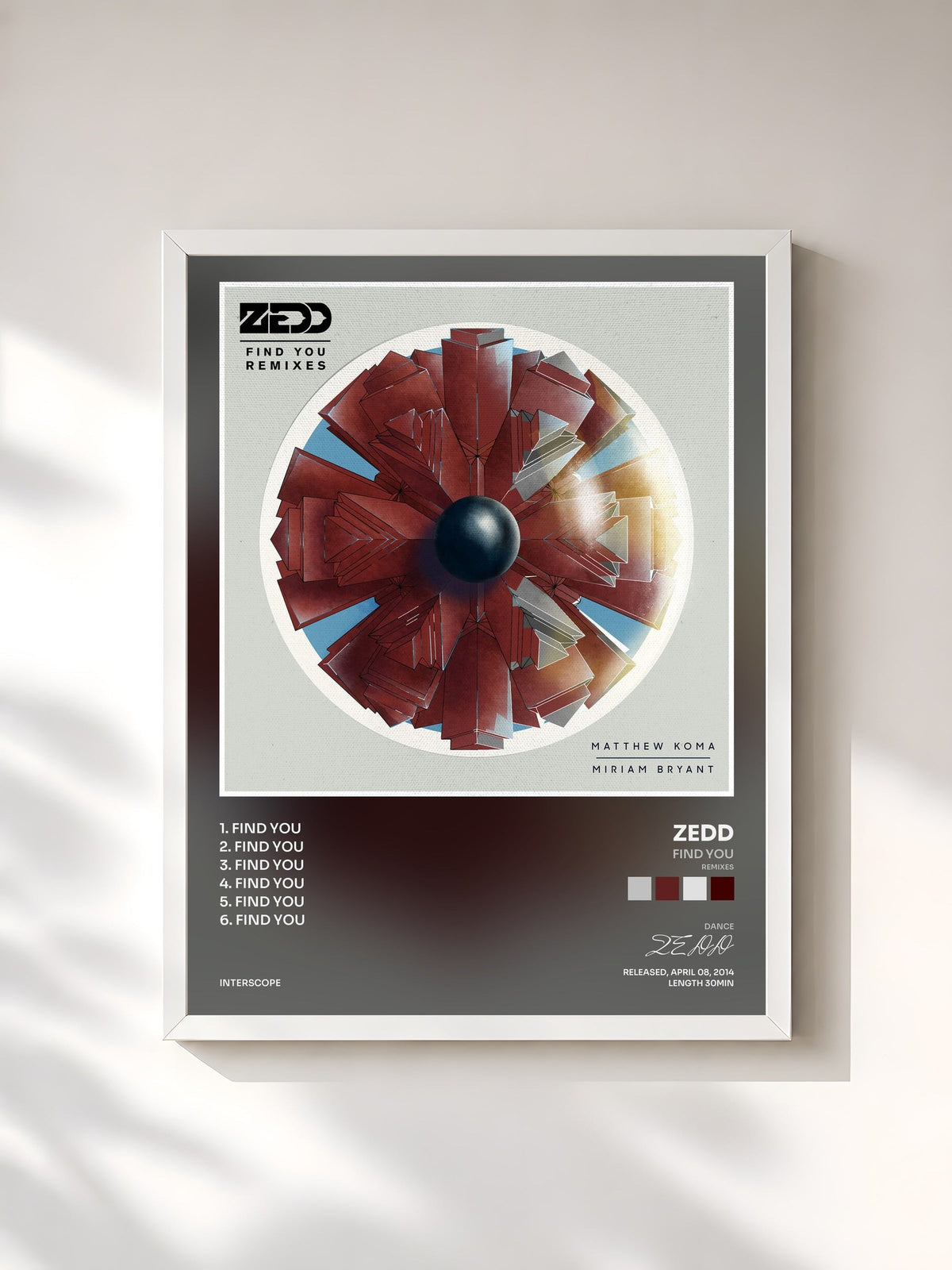 #blanc Tableau de l'album Find You (Remixes) de ZEDD, cadre blanc, imprimé et encadré en France