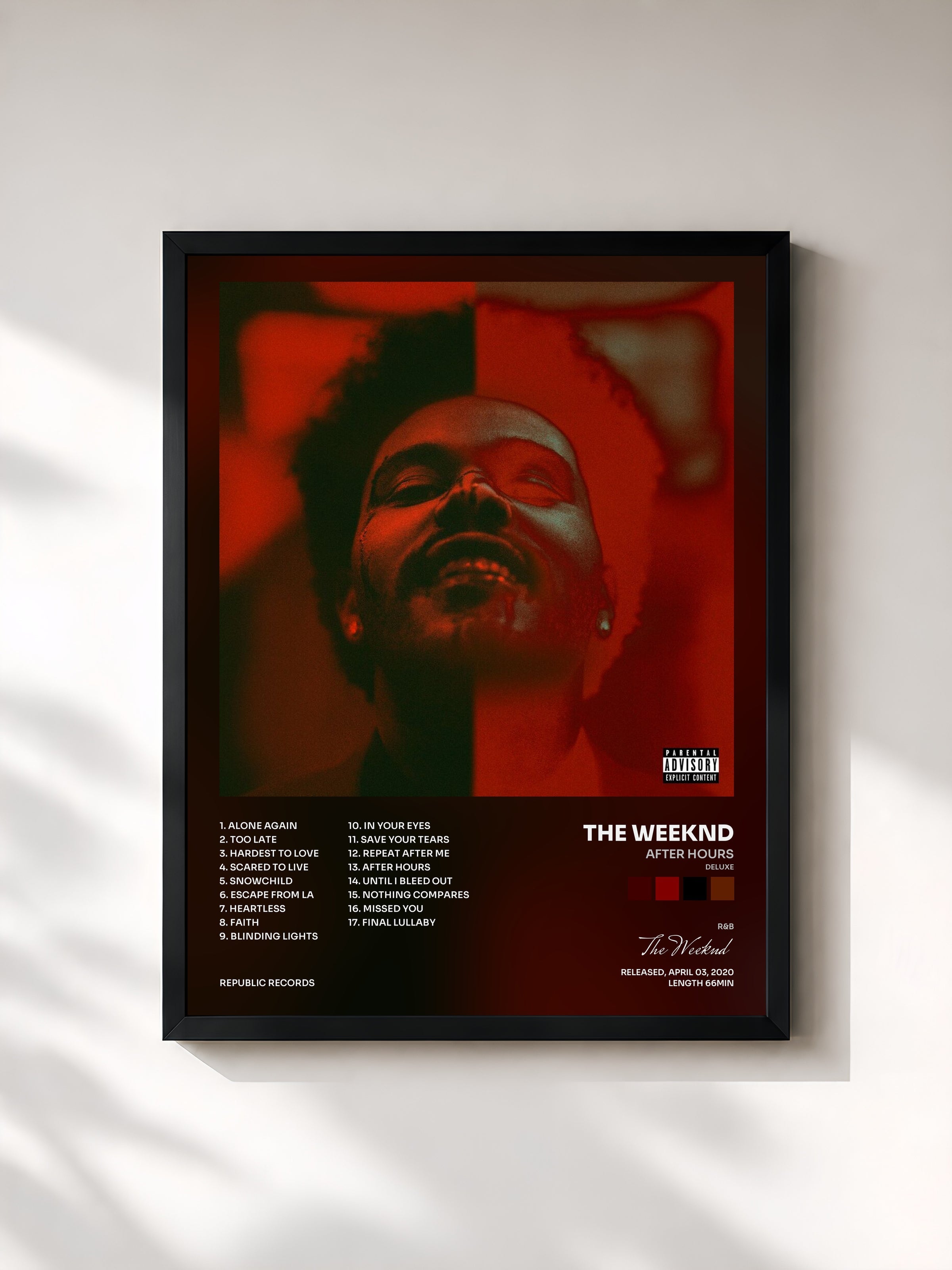 #noir Tableau de l'album After Hours (Deluxe) de The Weeknd, cadre noir, imprimé et encadré en France