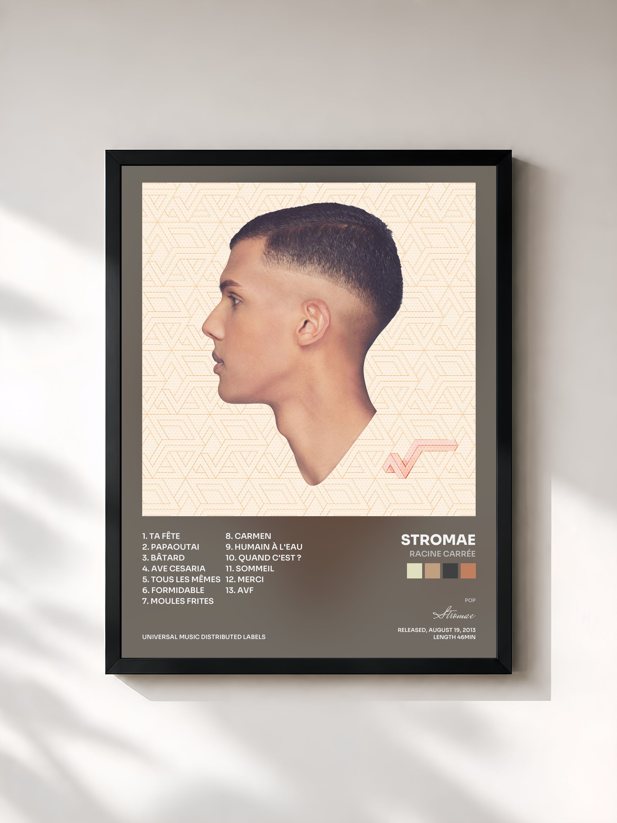#noir Tableau de l'album racine carrée de Stromae, cadre noir, imprimé et encadré en France