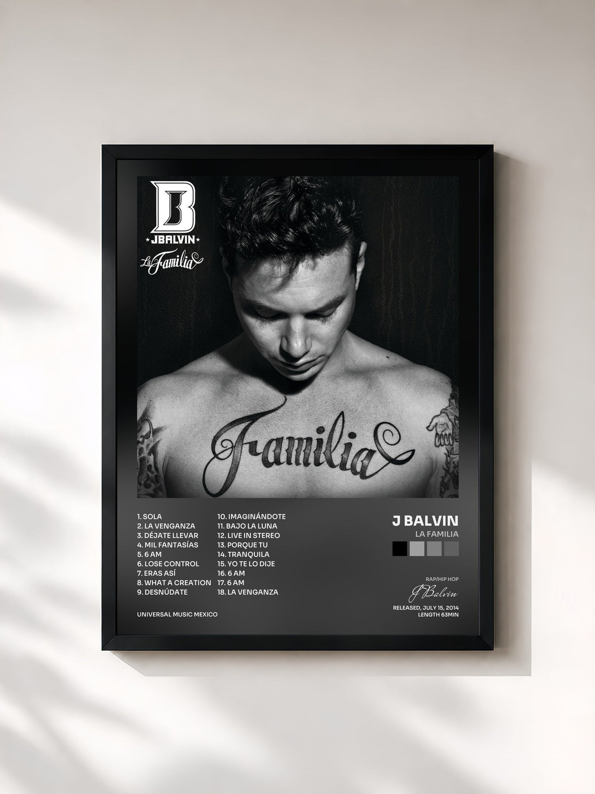 #noir Tableau de l'album La Familia de J Balvin, cadre noir, imprimé et encadré en France