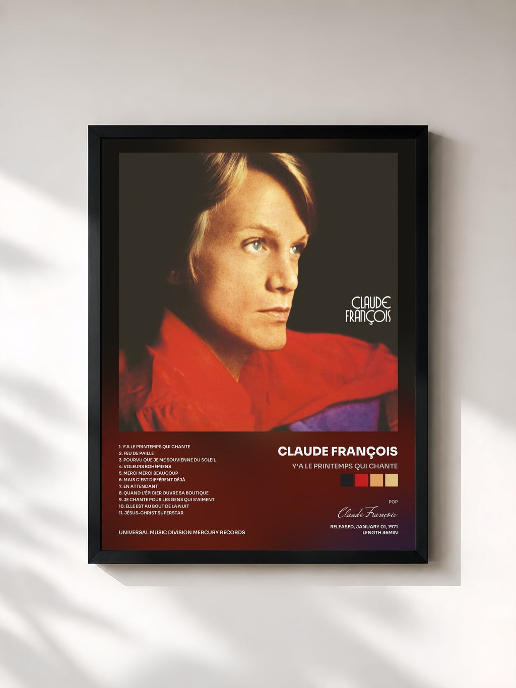 #noir Y'a le printemps qui chante von Claude François als gerahmter Kunstdruck, schwarzer Rahmen, gedruckt und gerahmt in Frankreich