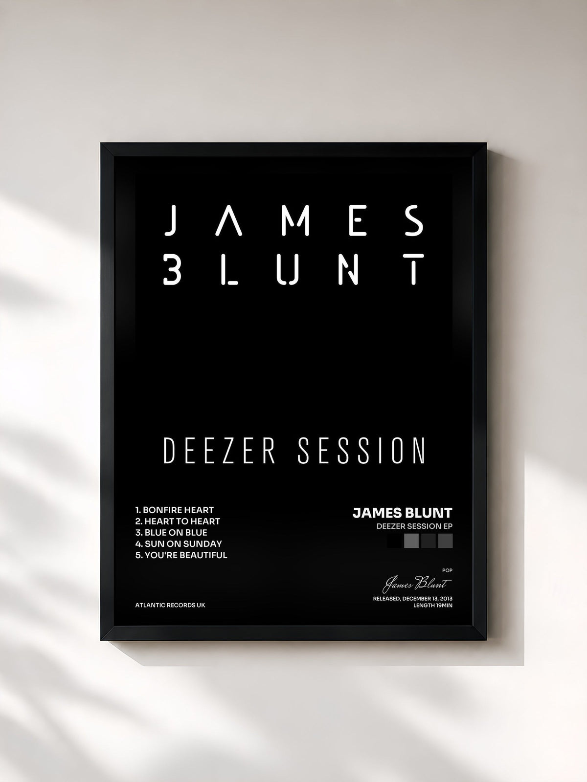 #noir Tableau de l'album Deezer Session EP de James Blunt, cadre noir, imprimé et encadré en France
