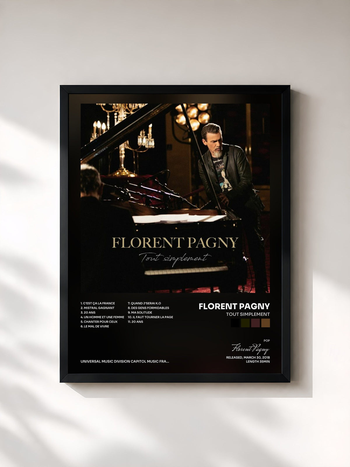 #noir Tableau de l'album Tout simplement de Florent Pagny, cadre noir, imprimé et encadré en France