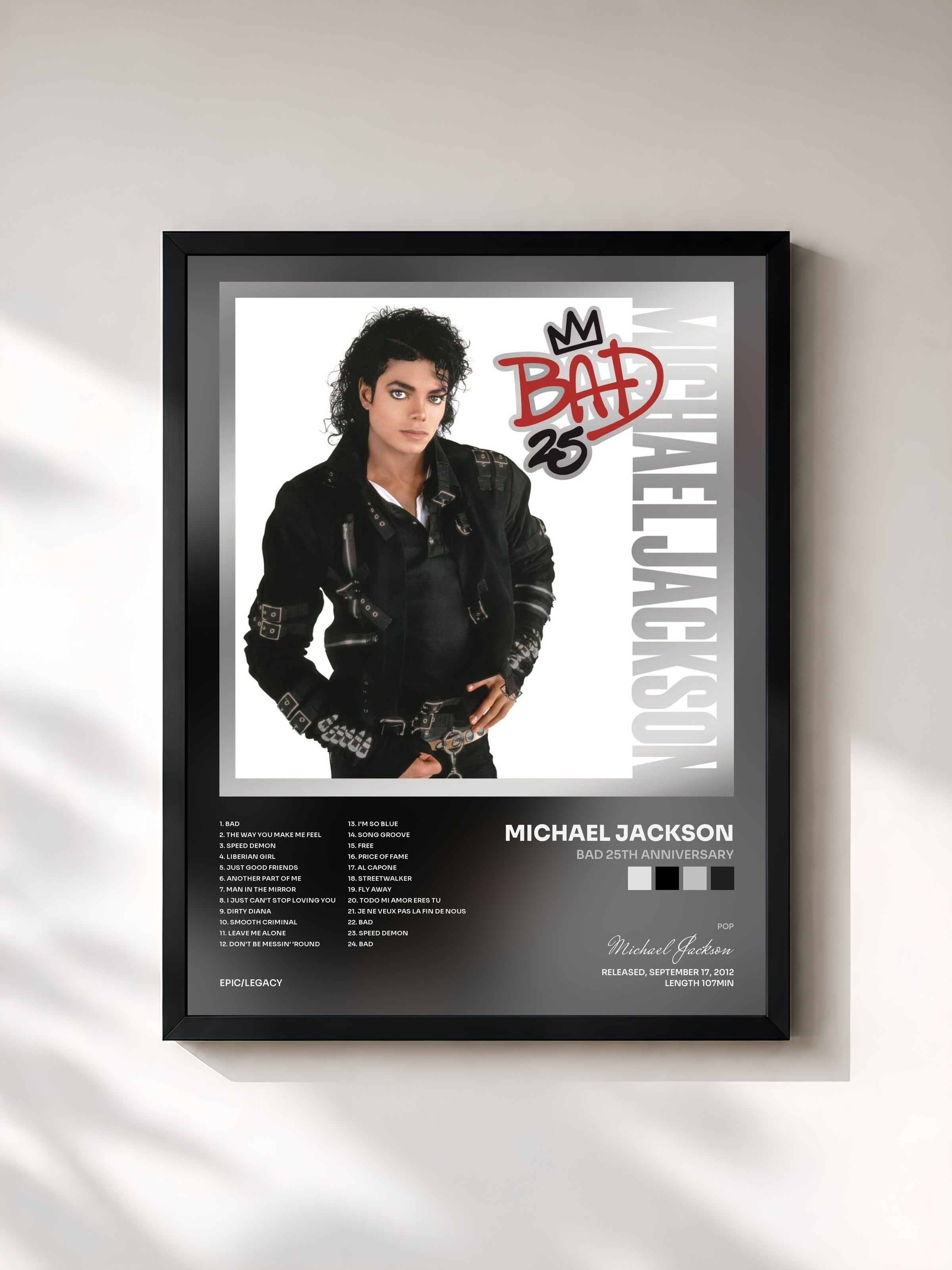 #noir Tableau de l'album Bad 25th Anniversary de Michael Jackson, cadre noir, imprimé et encadré en France