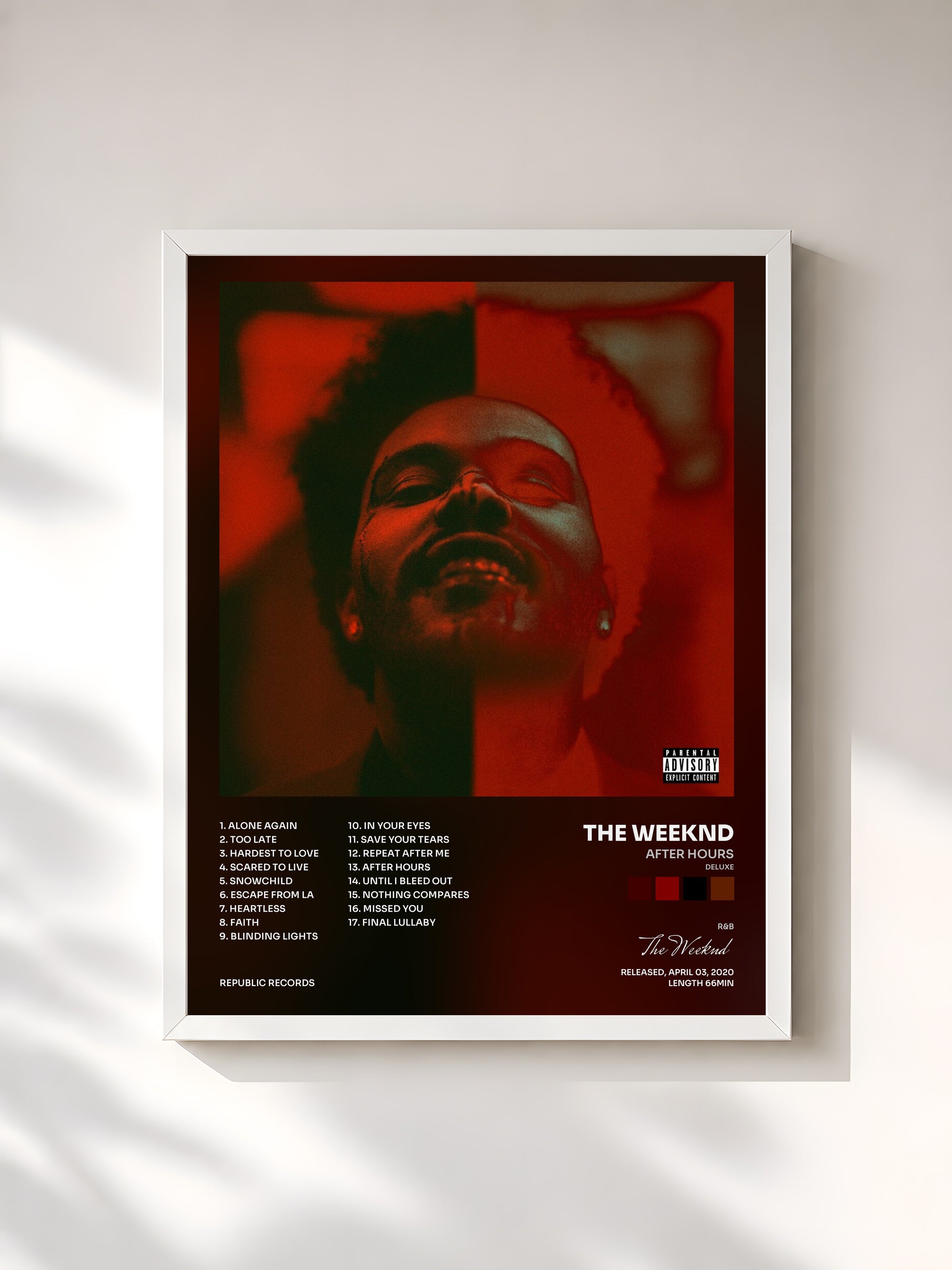 #blanc Tableau de l'album After Hours (Deluxe) de The Weeknd, cadre blanc, imprimé et encadré en France