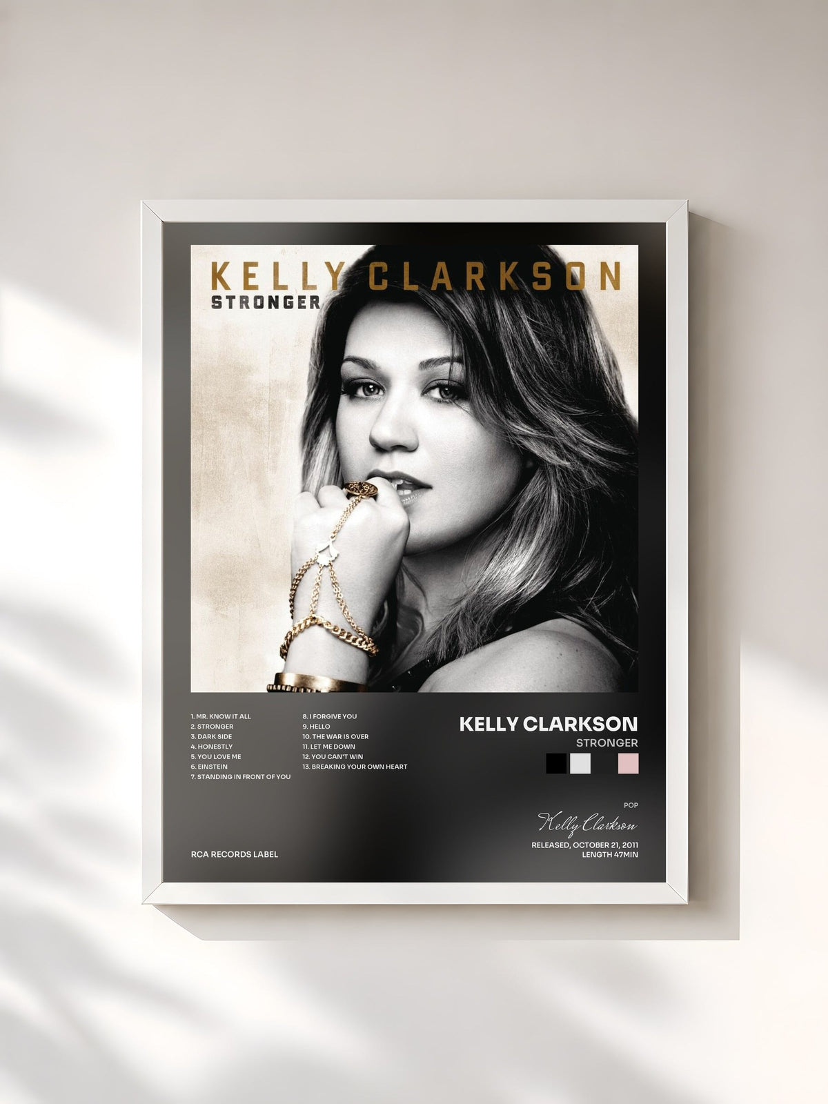 #blanc Tableau de l'album Stronger de Kelly Clarkson, cadre blanc, imprimé et encadré en France
