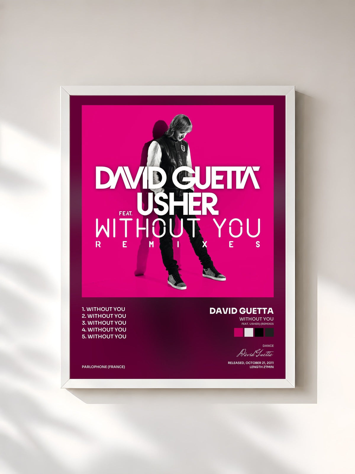 #blanc Tableau de l'album Without You (feat. Usher) (Remixes) de David Guetta, cadre blanc, imprimé et encadré en France
