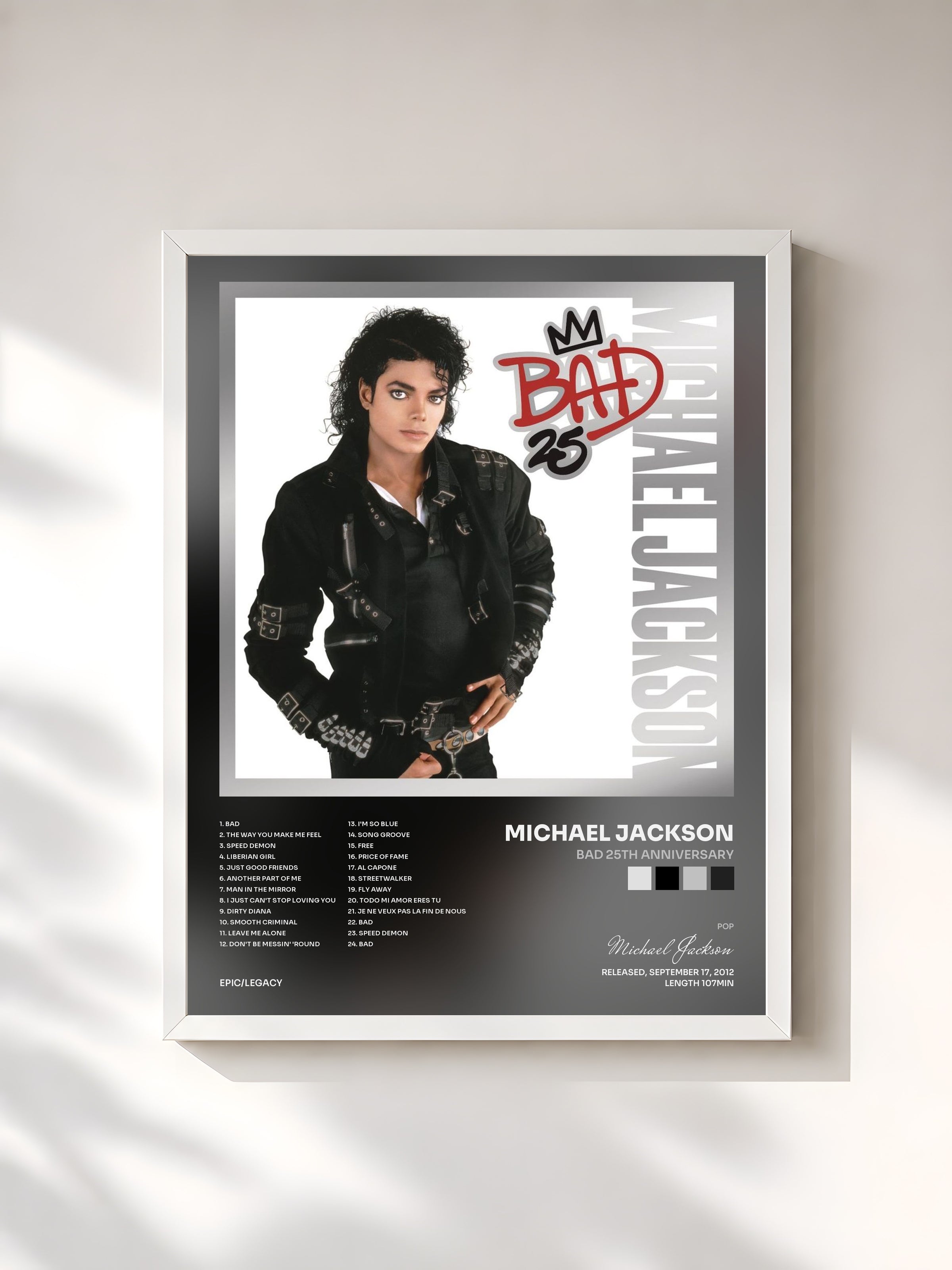 #blanc Tableau de l'album Bad 25th Anniversary de Michael Jackson, cadre blanc, imprimé et encadré en France