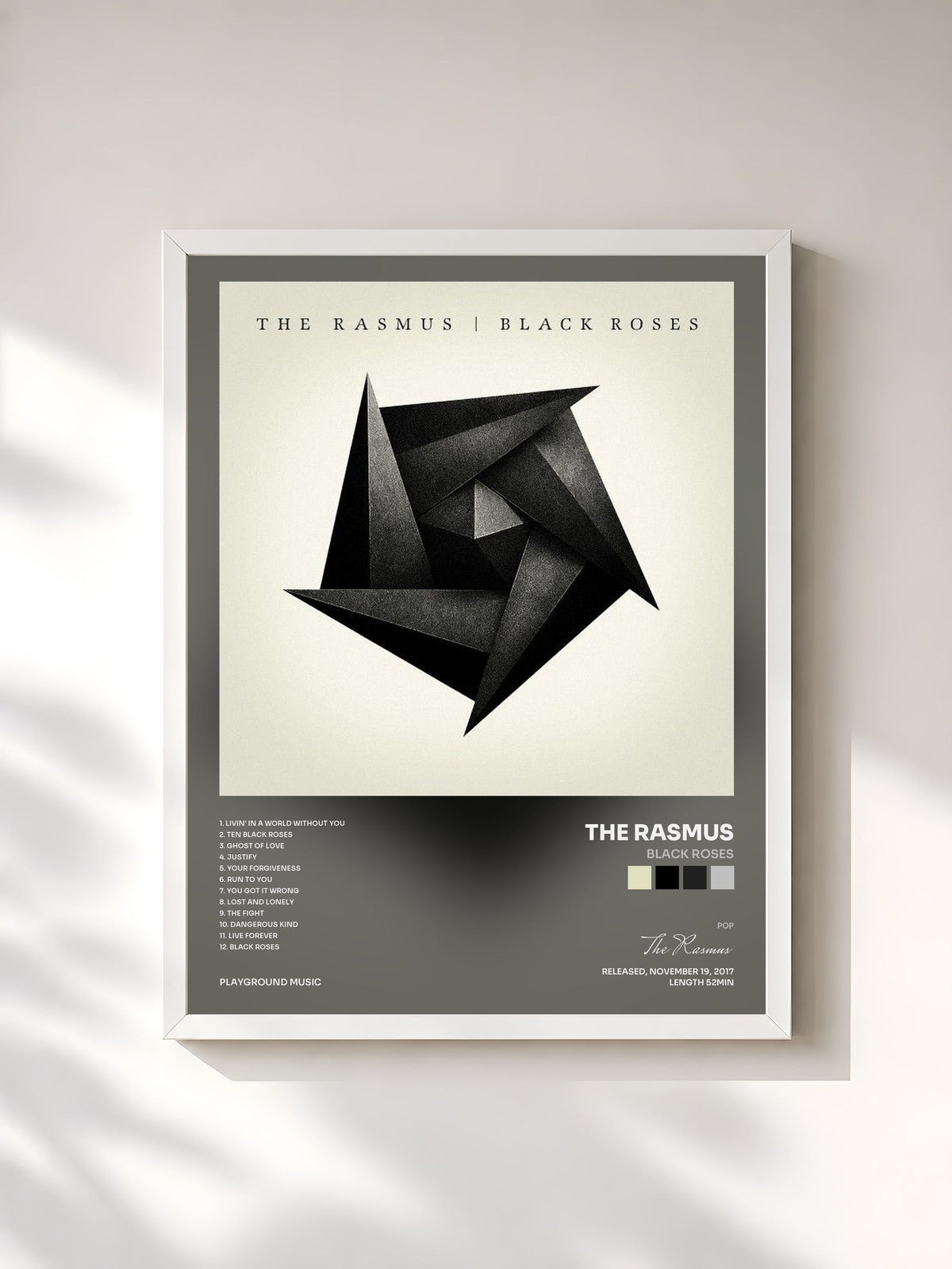 #blanc Tableau de l'album Black Roses de The Rasmus, cadre blanc, imprimé et encadré en France