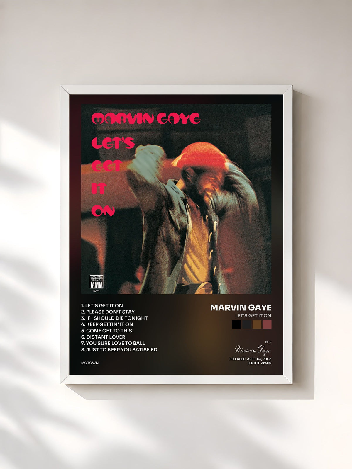 #blanc Tableau de l'album Let's Get It On de Marvin Gaye, cadre blanc, imprimé et encadré en France