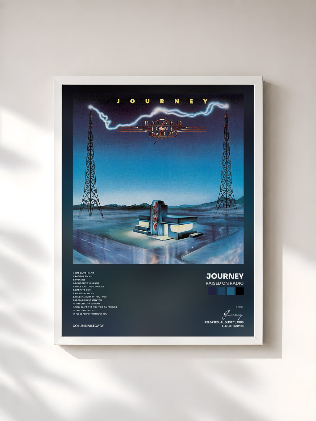 #blanc Tableau de l'album Raised On Radio de Journey, cadre blanc, imprimé et encadré en France