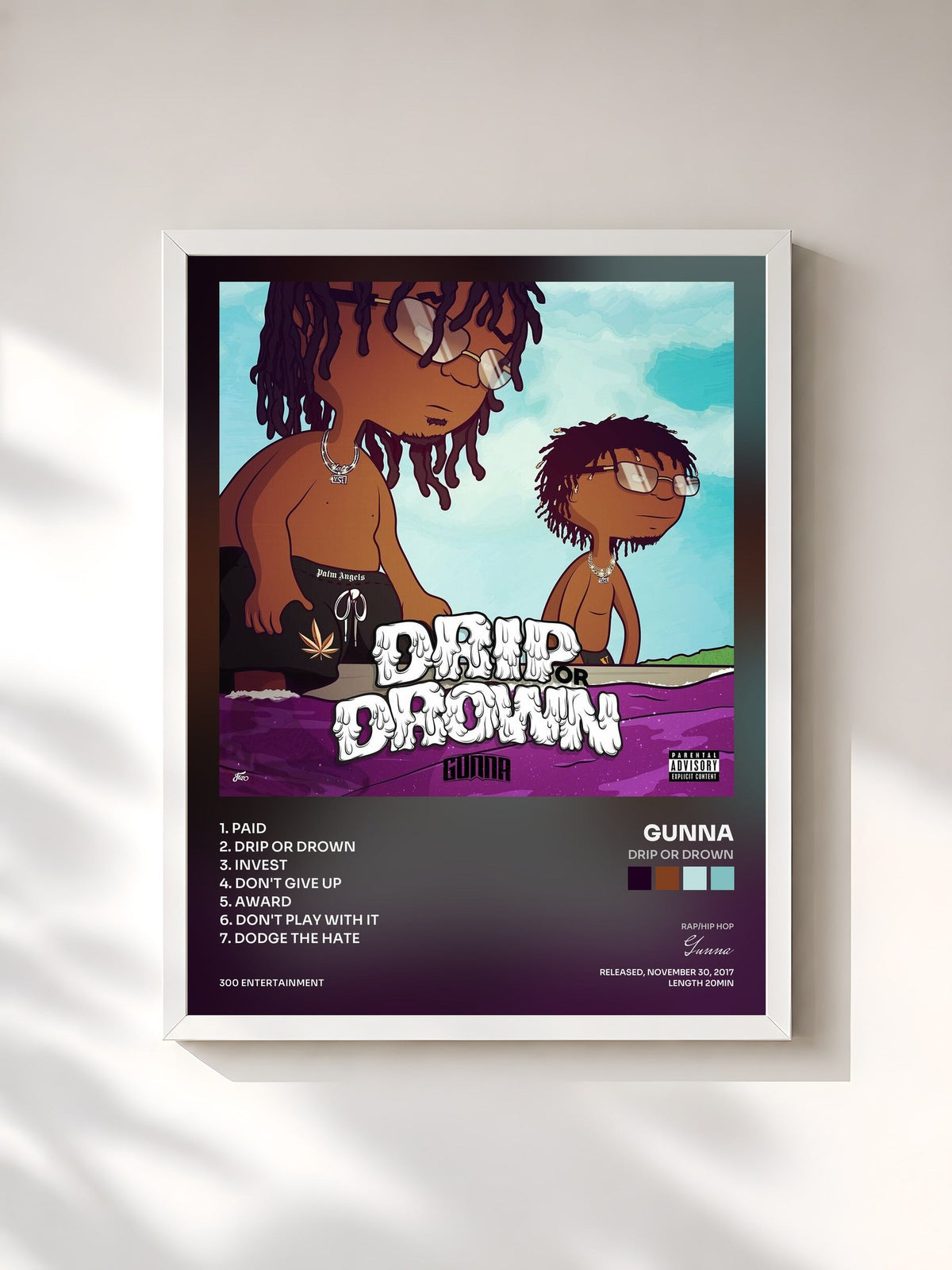 #blanc Tableau de l'album Drip or Drown de Gunna, cadre blanc, imprimé et encadré en France