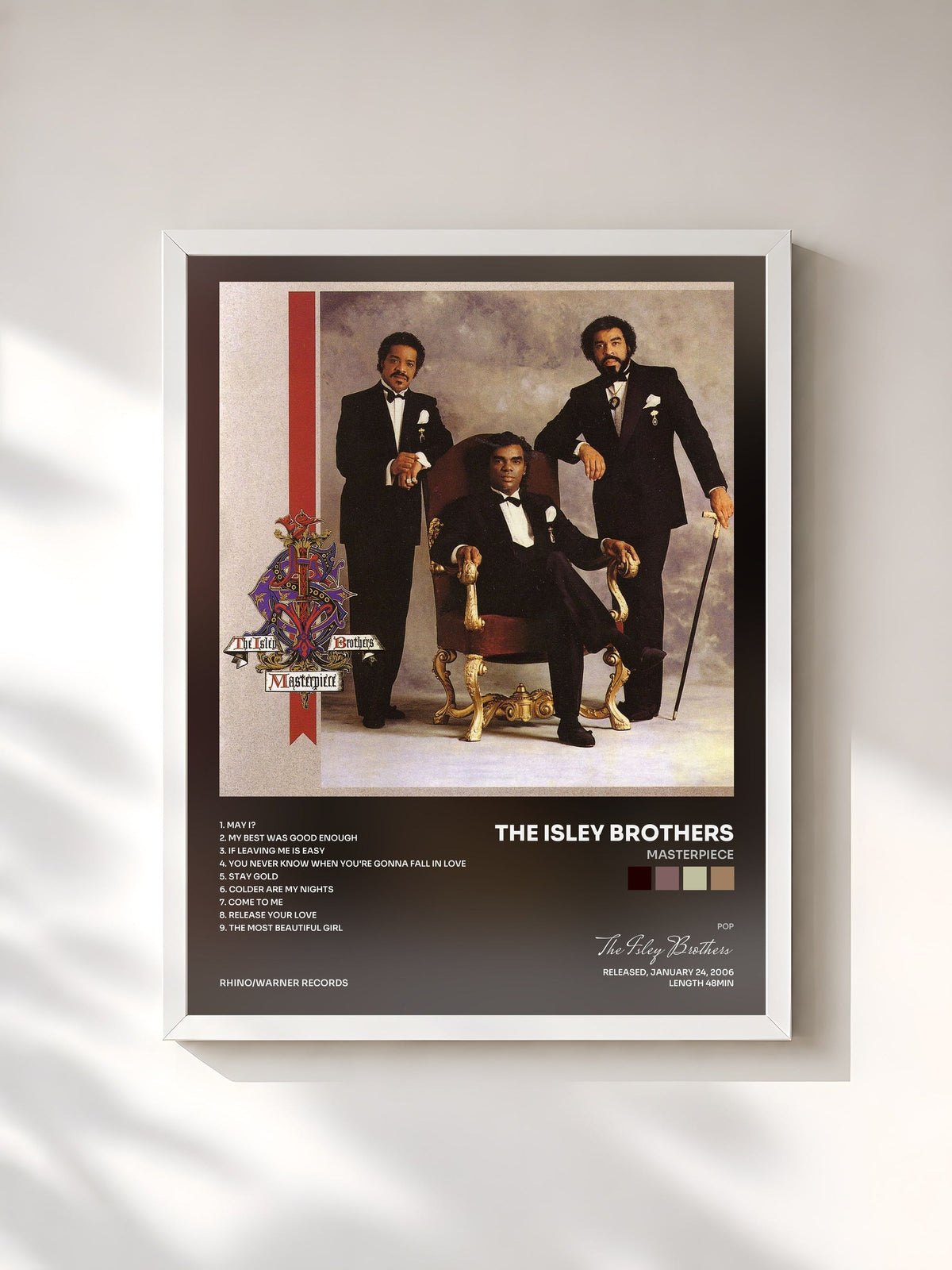 #blanc Tableau de l'album Masterpiece de The Isley Brothers, cadre blanc, imprimé et encadré en France
