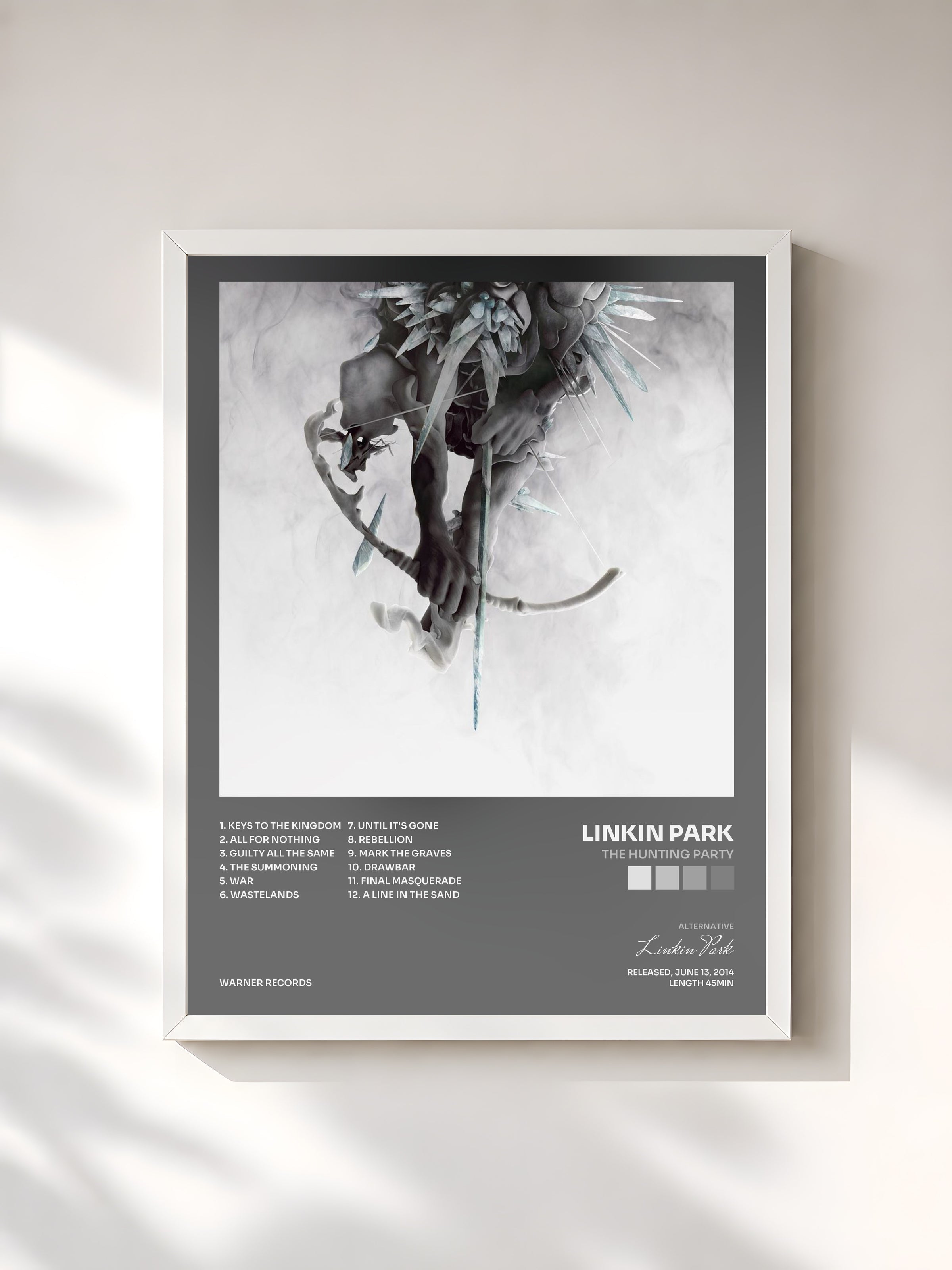 #blanc The Hunting Party by Linkin Park as a framed art print, white frame, printed and framed in France
