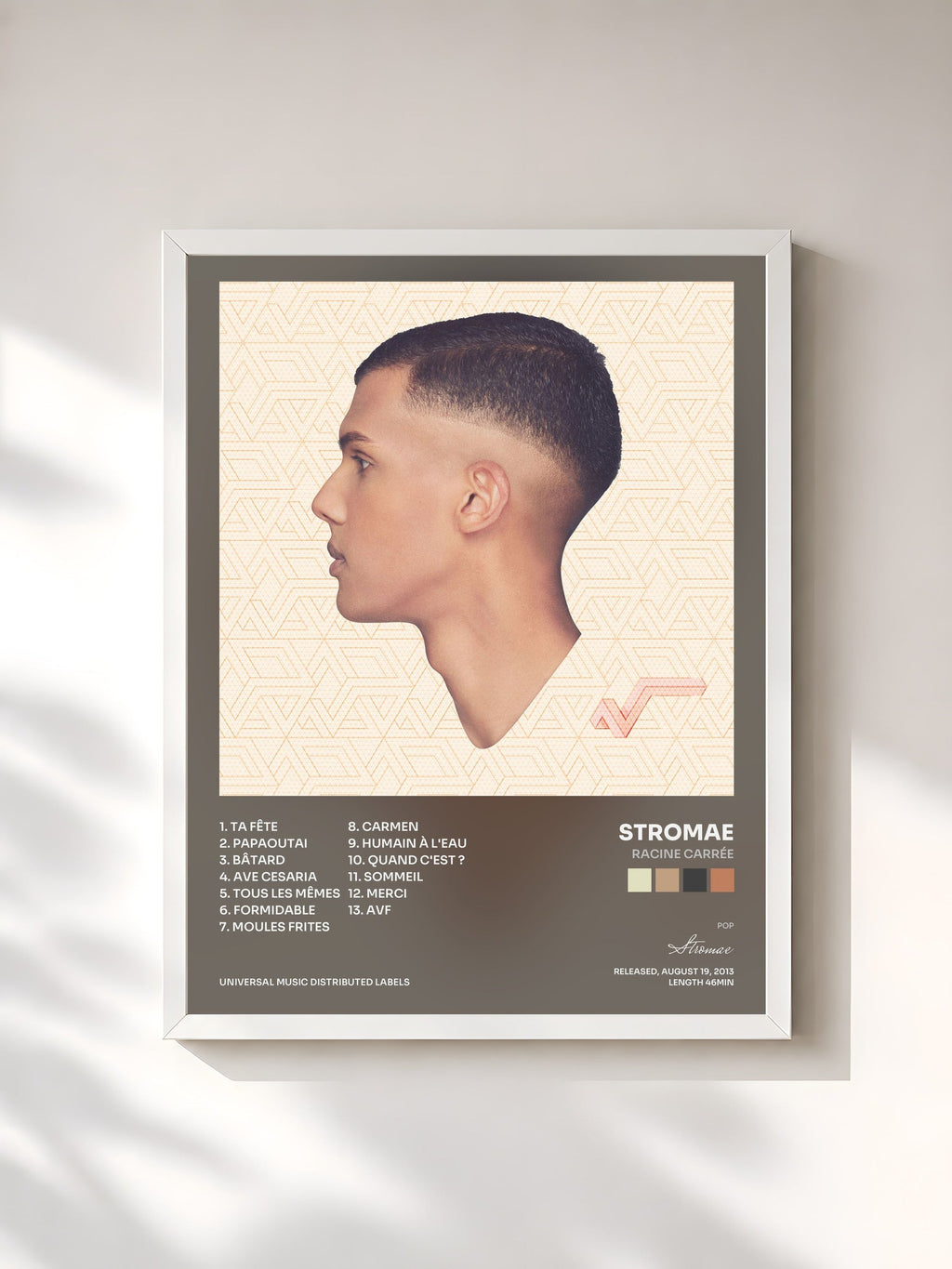 #blanc Tableau de l'album racine carrée de Stromae, cadre blanc, imprimé et encadré en France
