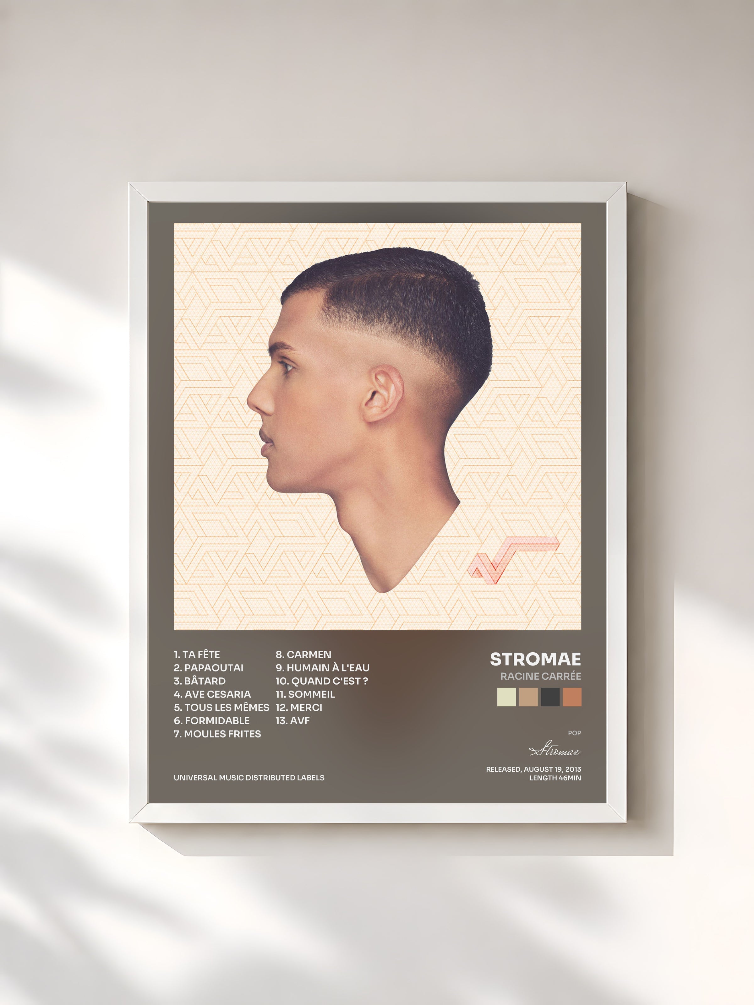 #blanc Tableau de l'album racine carrée de Stromae, cadre blanc, imprimé et encadré en France