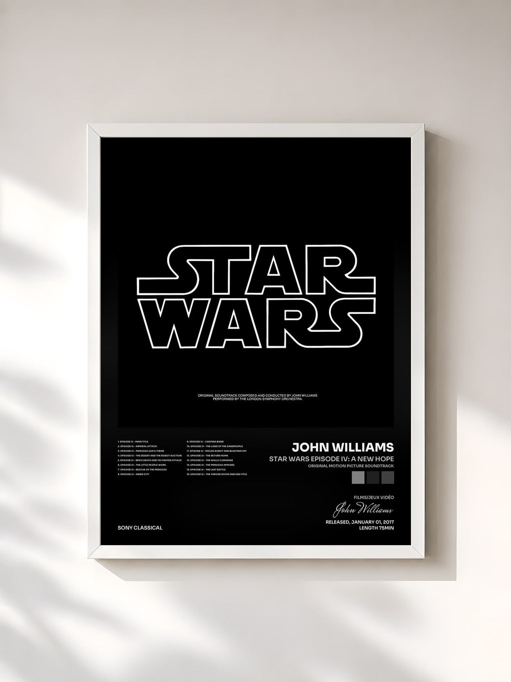 #blanc Tableau de l'album Star Wars Episode IV: A New Hope (Original Motion Picture Soundtrack) de John Williams, cadre blanc, imprimé et encadré en France