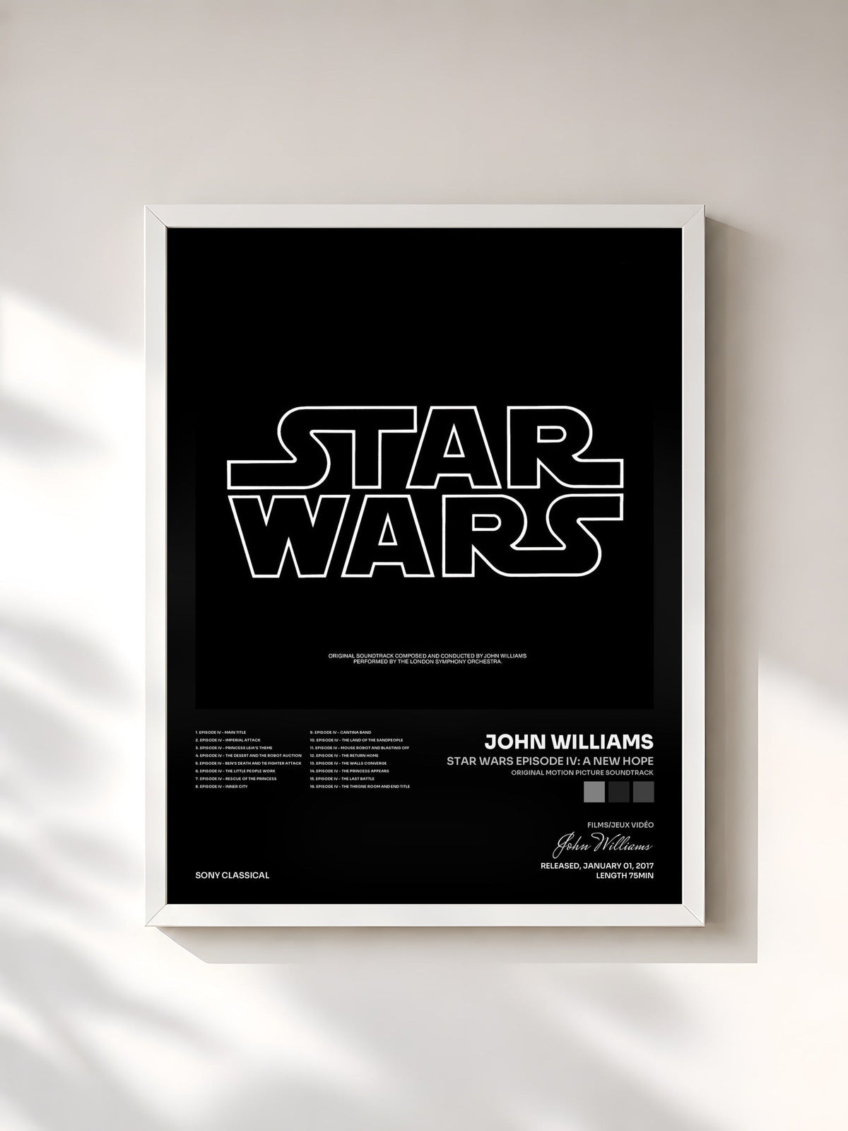 #blanc Tableau de l'album Star Wars Episode IV: A New Hope (Original Motion Picture Soundtrack) de John Williams, cadre blanc, imprimé et encadré en France