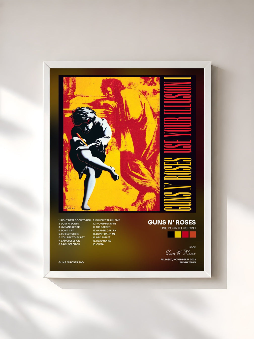 #blanc Tableau de l'album Use Your Illusion I de Guns N' Roses, cadre blanc, imprimé et encadré en France
