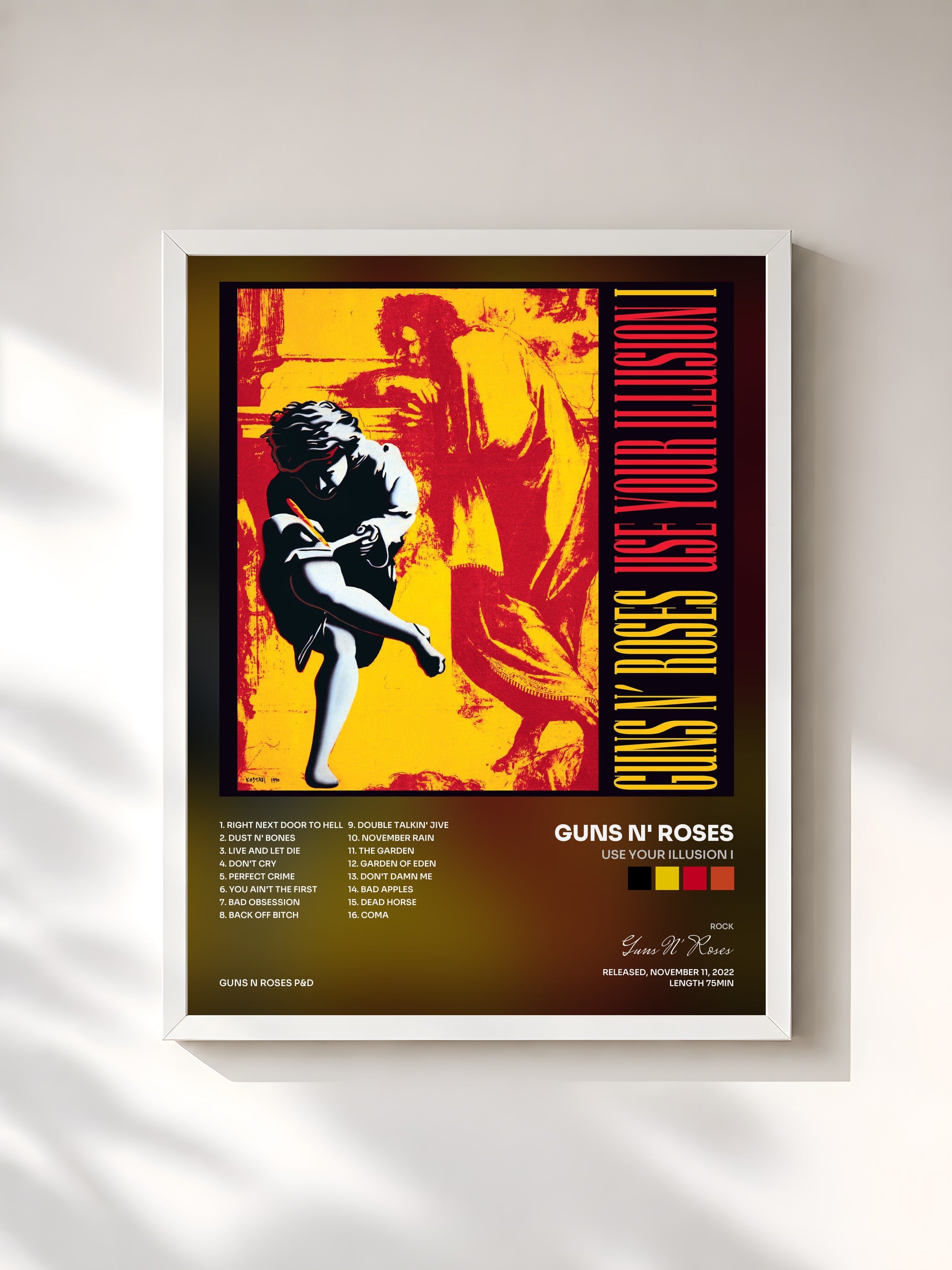 #blanc Tableau de l'album Use Your Illusion I de Guns N' Roses, cadre blanc, imprimé et encadré en France