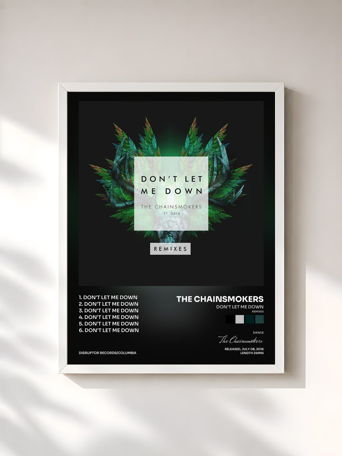 #blanc Tableau de l'album Don't Let Me Down (Remixes) de The Chainsmokers, cadre blanc, imprimé et encadré en France