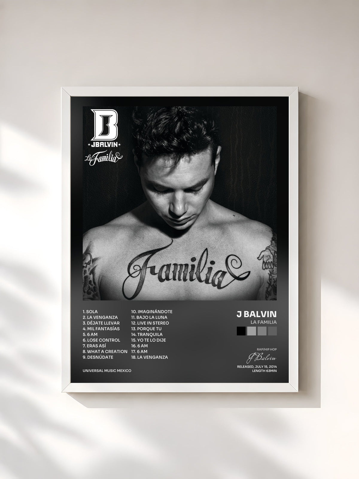 #blanc Tableau de l'album La Familia de J Balvin, cadre blanc, imprimé et encadré en France